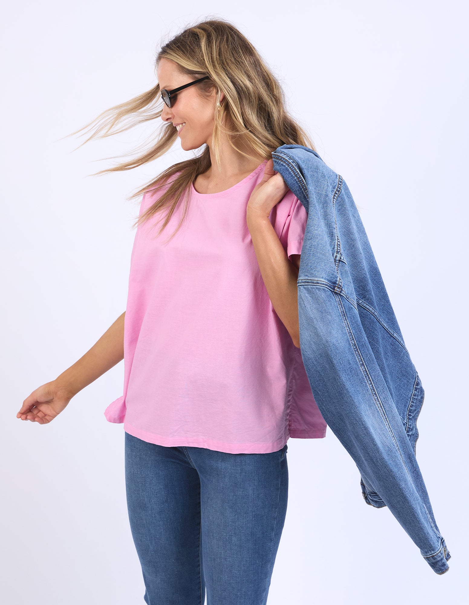 Elm Curtis Woven Short Sleeve T-Shirt for Women - Soft Strawberry Pink Cotton Top | Casual Wear, Summer Outfits, Everyday Comfort