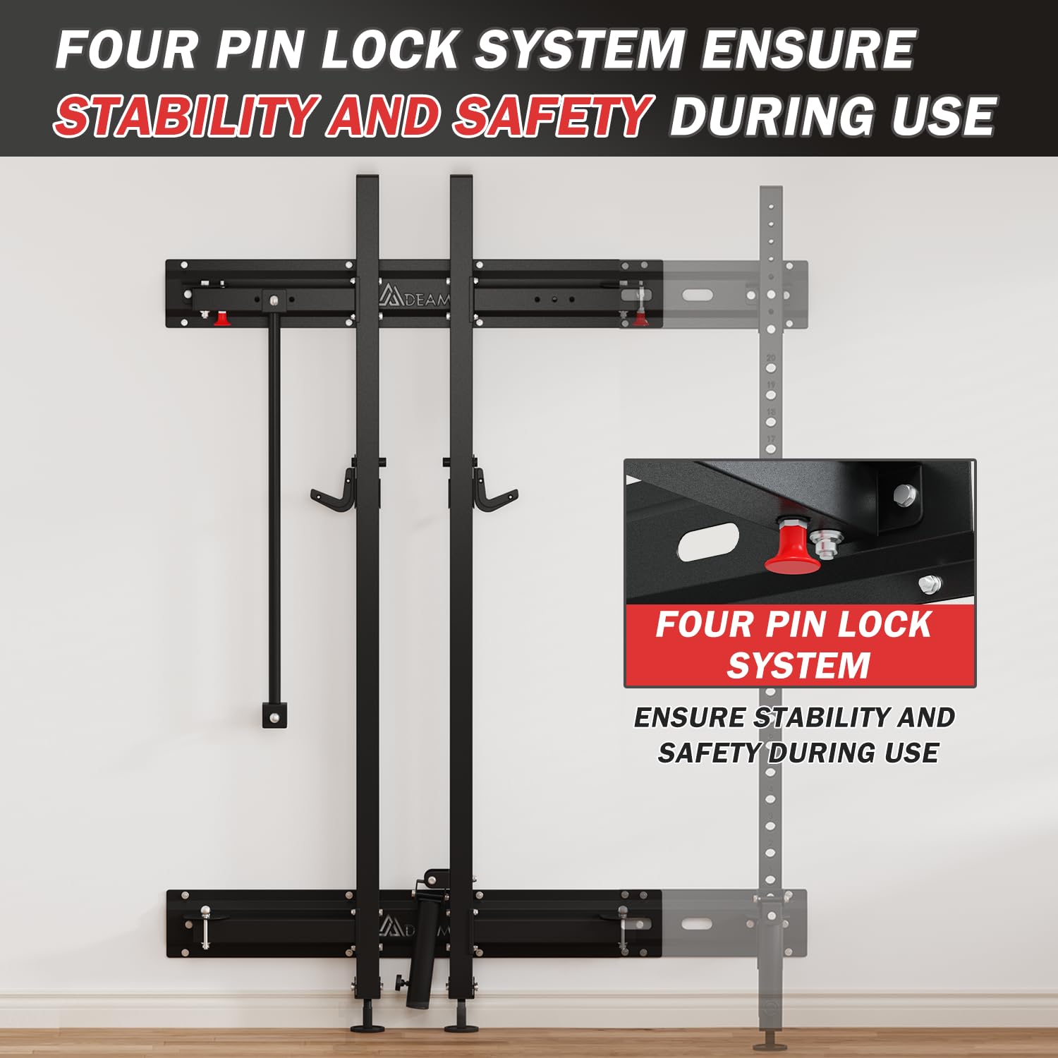 Mdeam Folding Squat Rack for Home Gym - Wall Mounted Power Cage with Pull Up Bar, J-Hooks & Landmine - 1000LBS Capacity Space-Saving 2.36