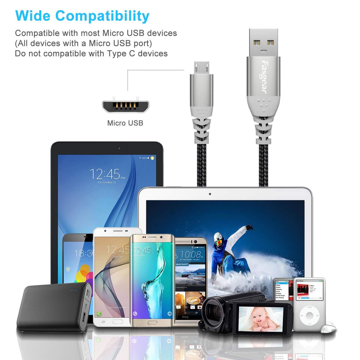 Fasgear 16ft Braided Micro USB Cable 2 Pack - Fast Charging & Data Sync USB 2.0 Cord for PS4, Xbox One Controller, Samsung Galaxy S7/S6 - Compatible with Speakers, Baby Monitors & Gaming Accessories (Black) - Perfect for Long Distance Gaming & Home Entertainment Setup