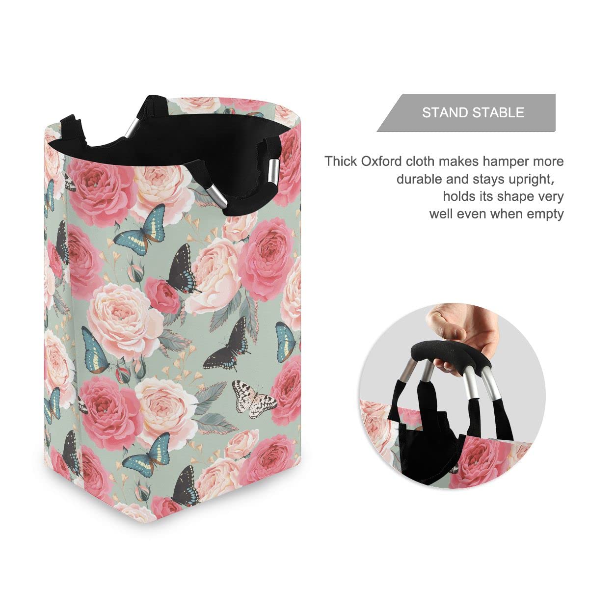 Foldable Collapsible Laundry Basket with Handles - Peony Roses & Butterfly Design for Laundry Room Decor, Bathroom Organization & Storage - Perfect for College Dorms, Apartments and Travel
