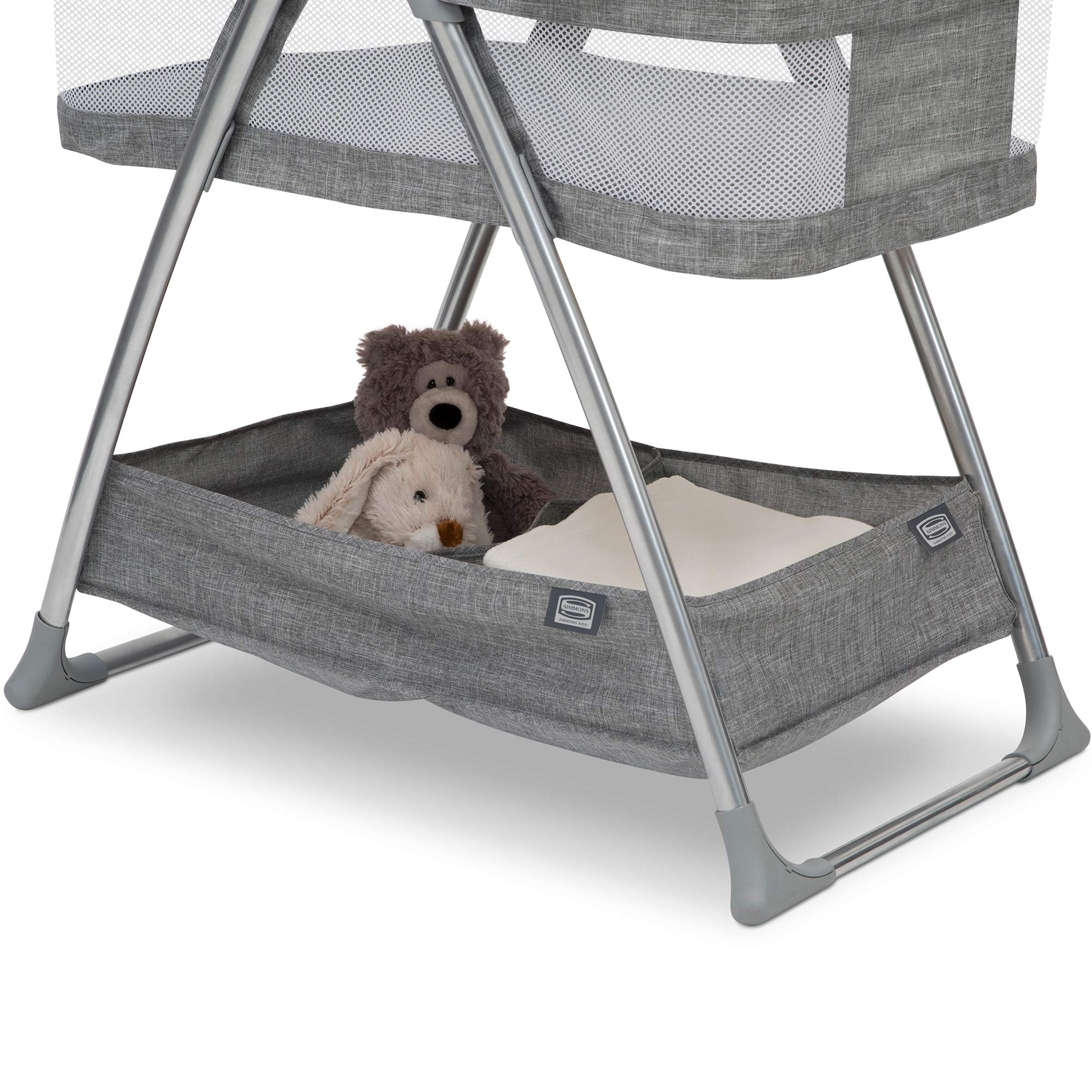Simmons Kids City Sleeper Portable Bassinet & Bedside Crib with Nightlight, Vibration, Rotating Stars & Activity Mobile - Grey Tweed | Perfect for Newborns & Nursery Room Decor
