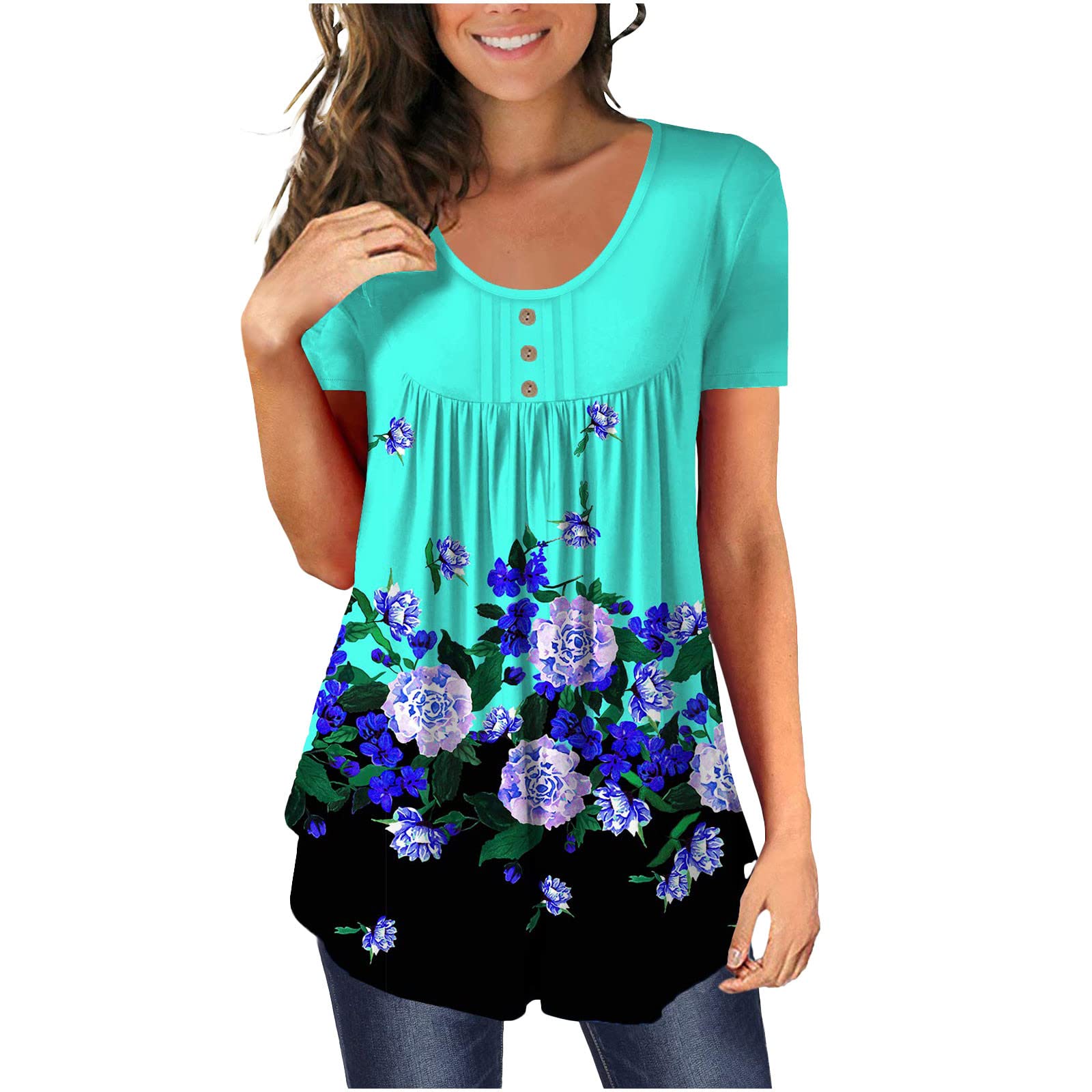 Women's Floral Printed V-Neck Button-Up Blouses - Summer Business Casual Tops, Flowy Henley Shirts for Office & Outdoor Activities