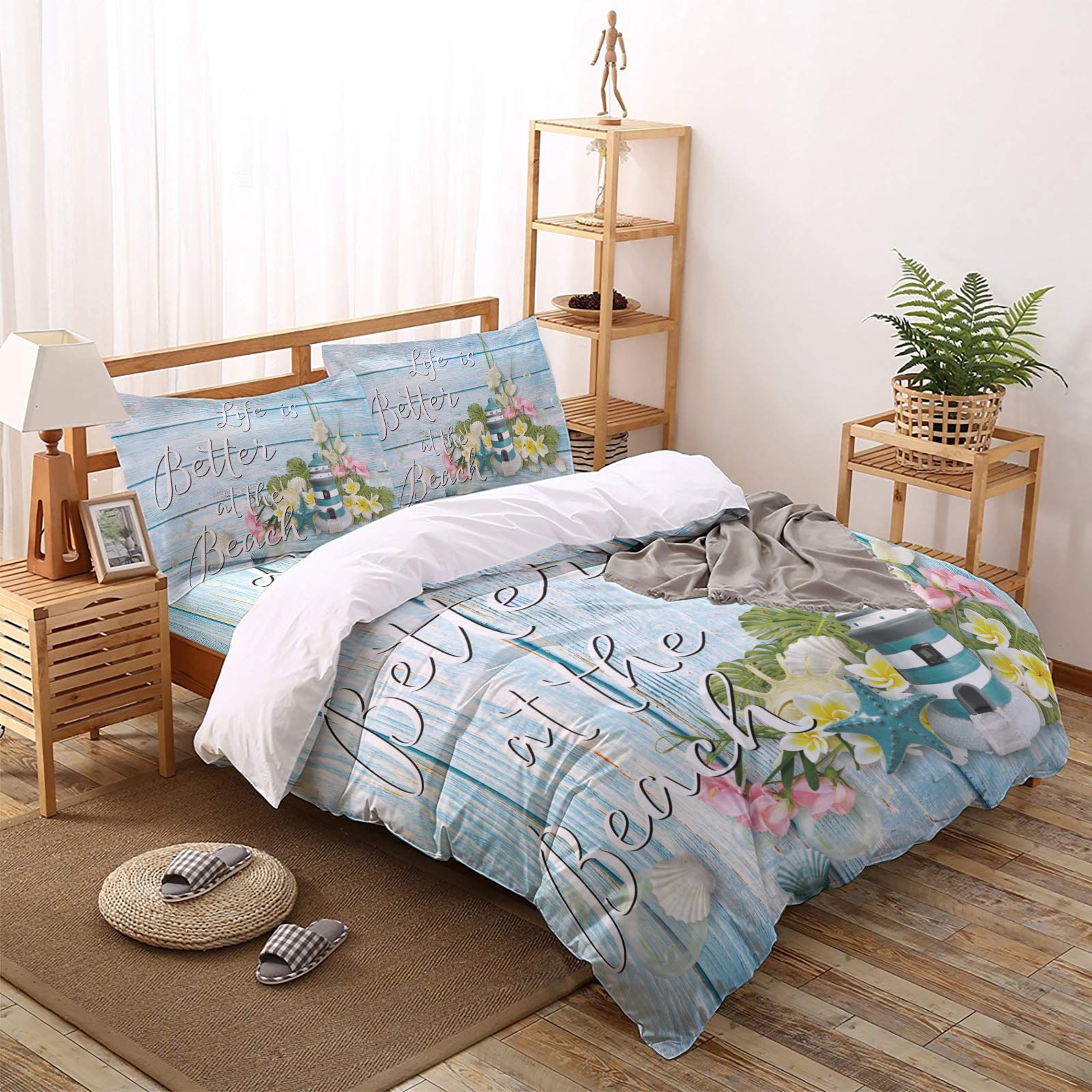 MUSEDAY 4-Piece Queen Size Duvet Cover Set - Summer Ocean Coast Lighthouse Design with Fresh Flowers, Beach Shells & Wood Grain - Ultra Soft Bedding with Zipper Closure & Corner Ties - Perfect for Coastal, Nautical or Beach Themed Bedrooms