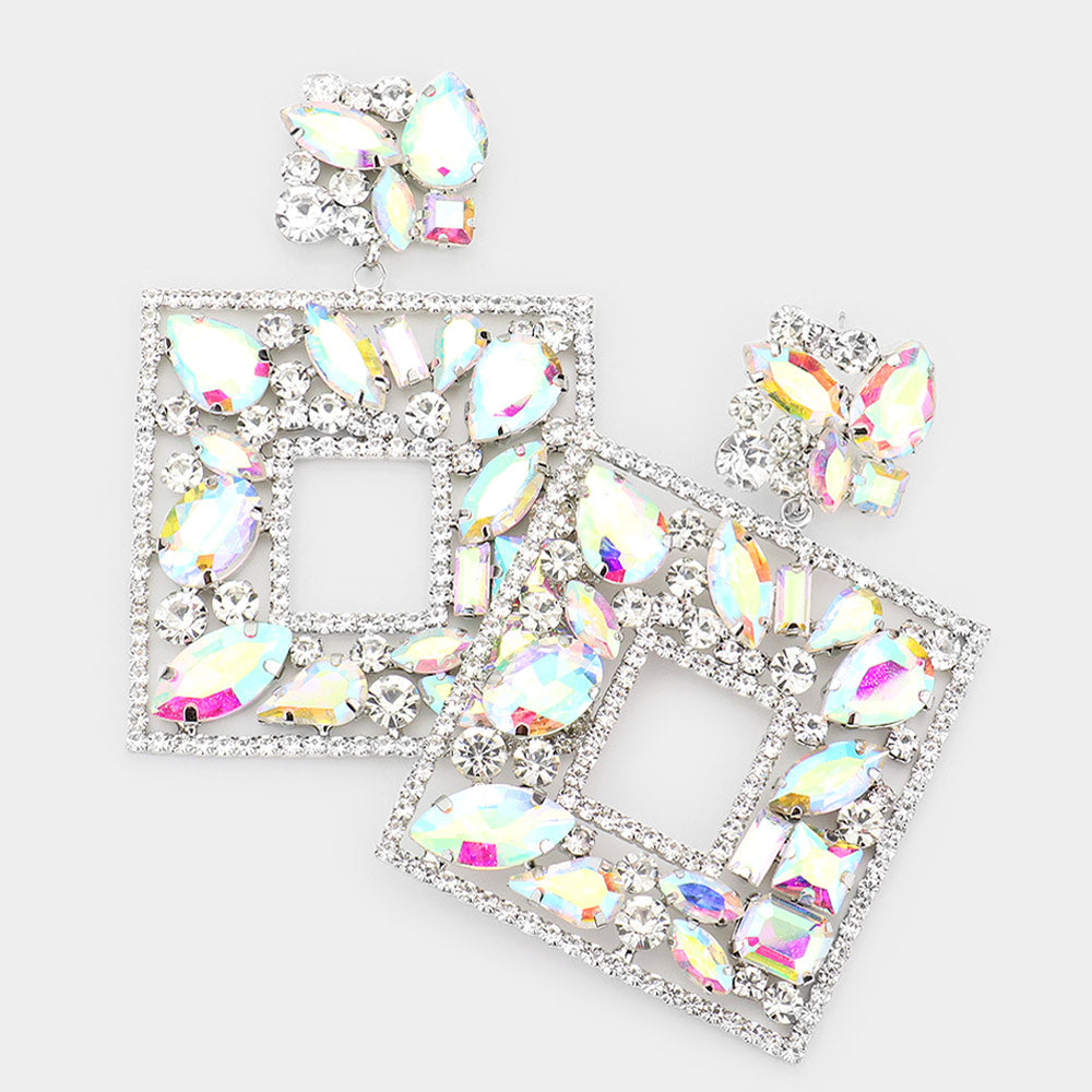 AB Multi Crystal Stone Square Chandelier Earrings for Pageant, Prom, Wedding & Evening Events | Elegant Dangle Drop Earrings for Women | Perfect for Formal Occasions, Parties & Special Celebrations