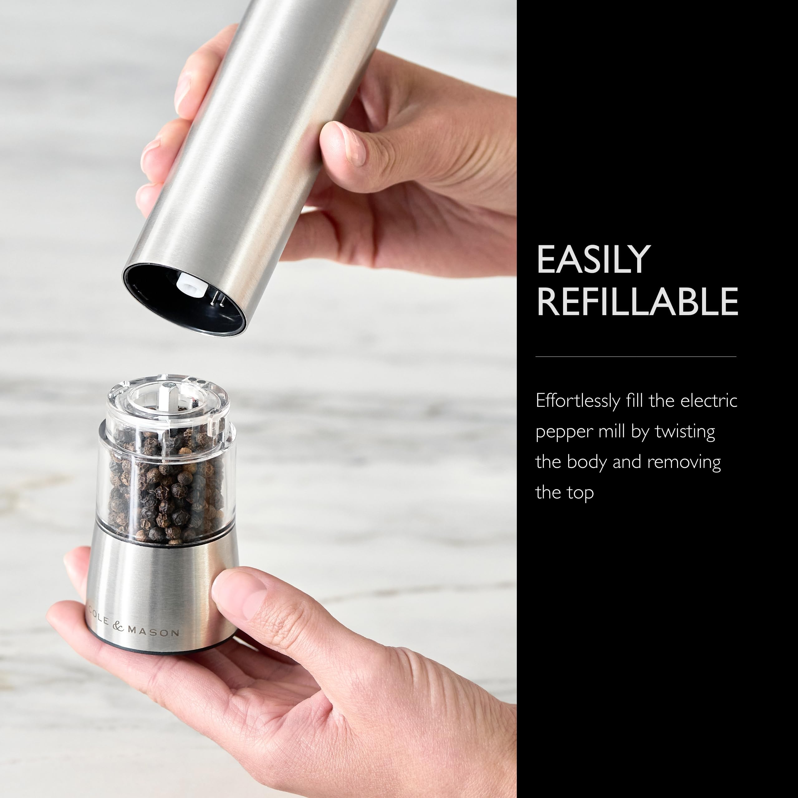 Cole & Mason Hampstead Electric Pepper Grinder - Adjustable Stainless Steel Spice Mill with One-Hand Operation - Perfect for Kitchen, Dining Table & Outdoor BBQ
