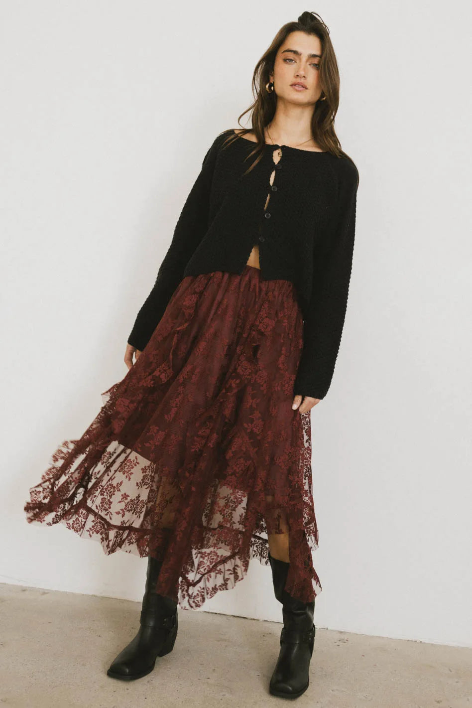 Elsie Lace Midi Skirt in Red Brown - Elegant Floral Lace Skirt for Women | Perfect for Weddings, Parties & Date Nights | FINAL SALE