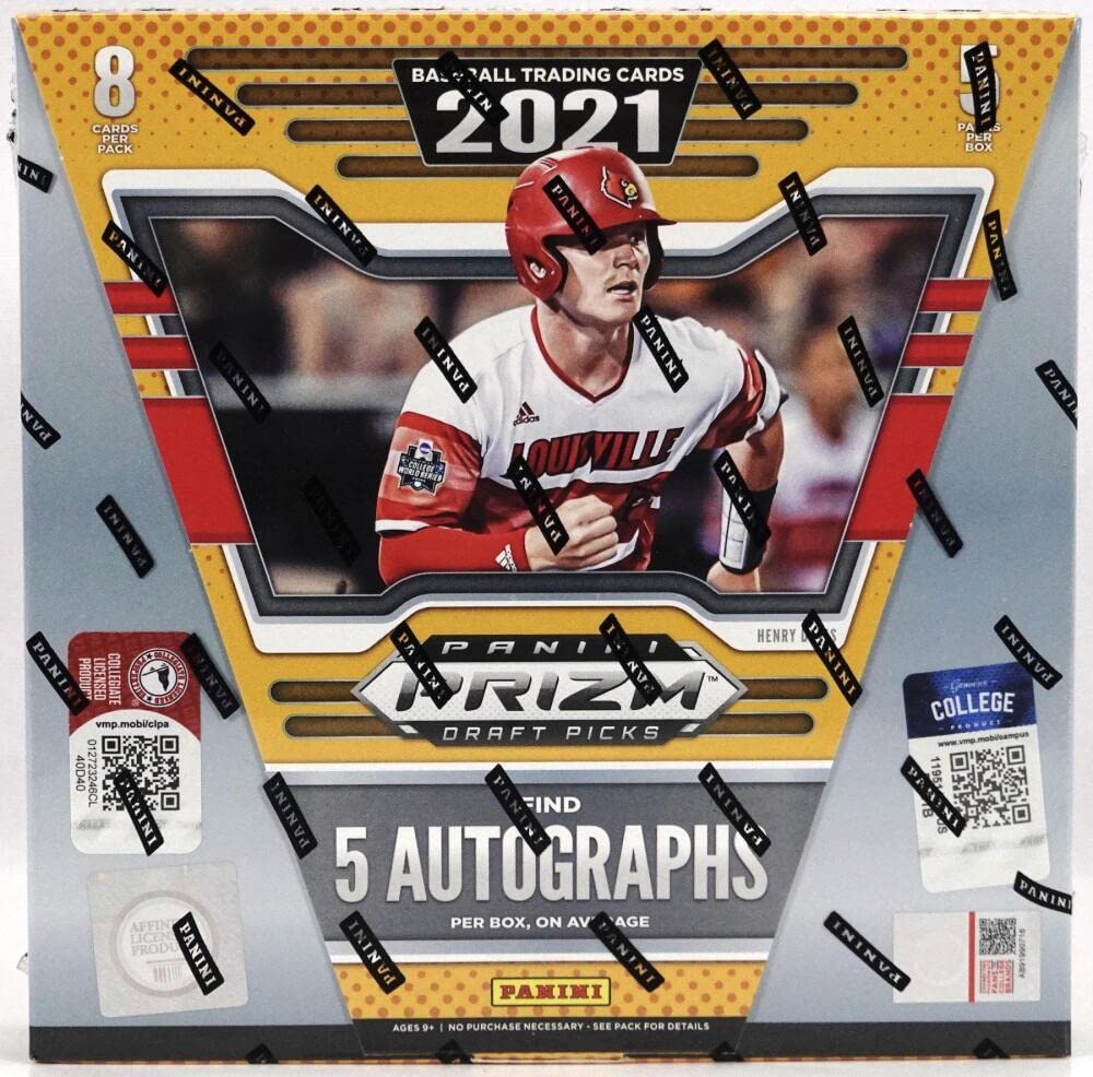 2021 Panini Prizm Draft Picks Collegiate Baseball Hobby Box - 5 Packs (8 Cards Each) with 5 Autographs - Rare Collectible Trading Cards for Sports Memorabilia Fans & Card Collectors - Perfect for Display, Trading, and Investment