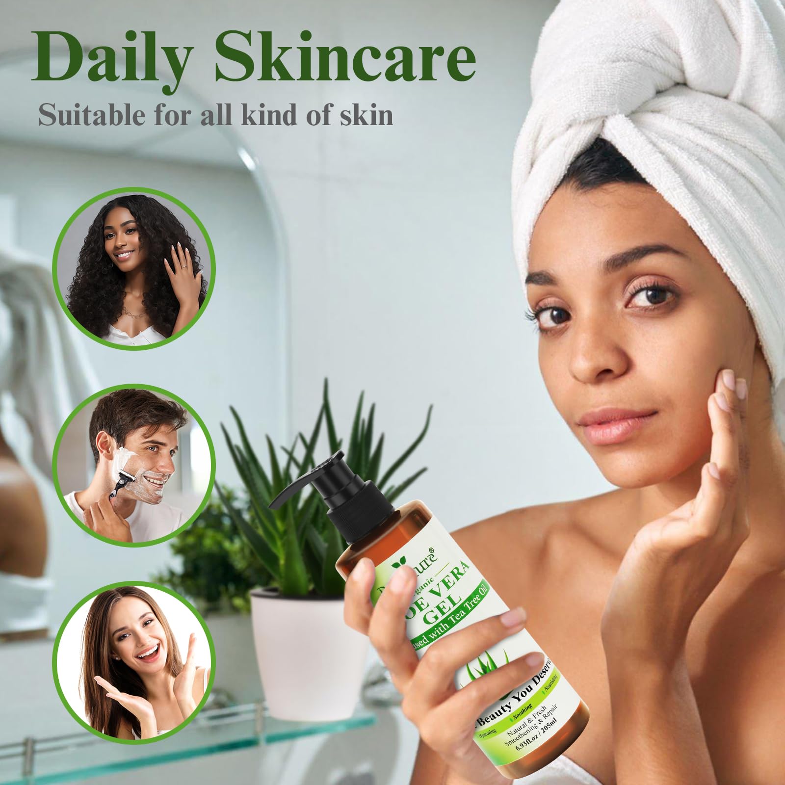 Organic Aloe Vera Gel with Tea Tree Oil for Face & Body Care | Freshly-Cut Aloe Gel for Skin, Scalp & Hair Hydration | Soothing Moisturizer for Sunburn Relief & After-Sun Care | 6.93 oz | Perfect for Sunburn Treatment, Daily Skincare & Hair Conditioning