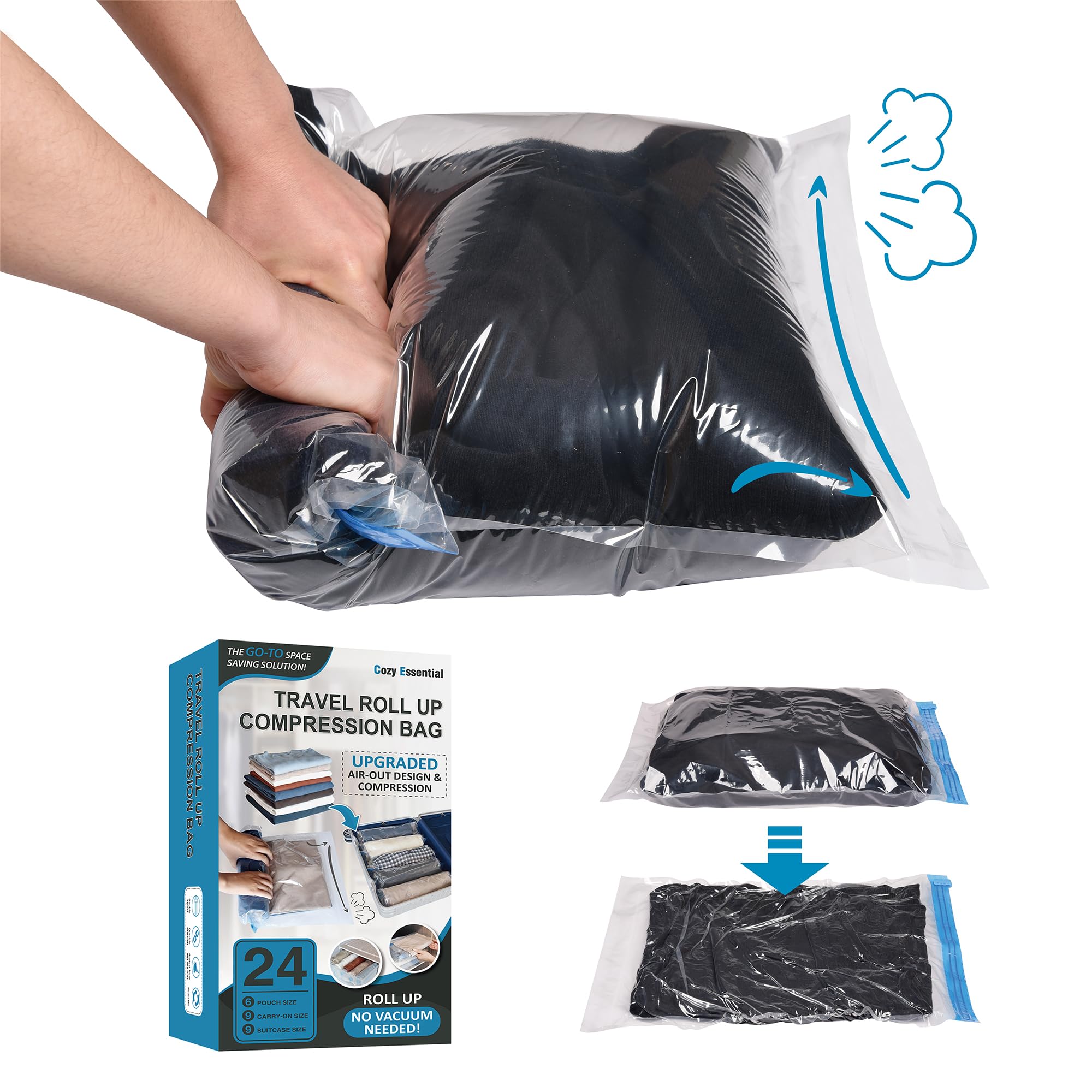 24 Pack Space Saver Compression Bags for Travel - No Vacuum Needed - Cruise Accessories & Packing Essentials | Perfect for Vacations, Camping & Closet Organization