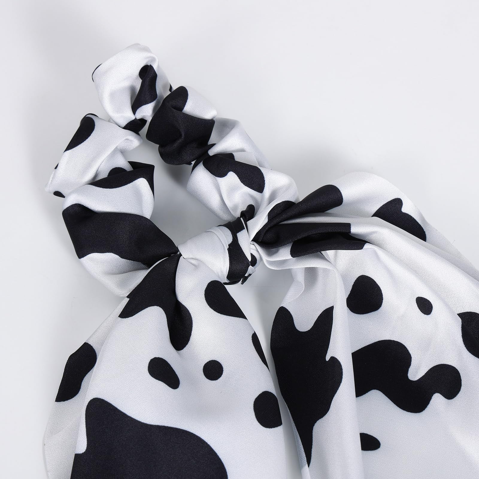 3Pcs Women's Hair Scarf Scrunchies - Knotted Bow Silky Hair Ties & Elastic Bands (Black/White Cow Print Satin Ribbon) - Ponytail Holder Accessories for Western Cowgirl Style - Perfect for Holidays, Parties, and Everyday Fashion