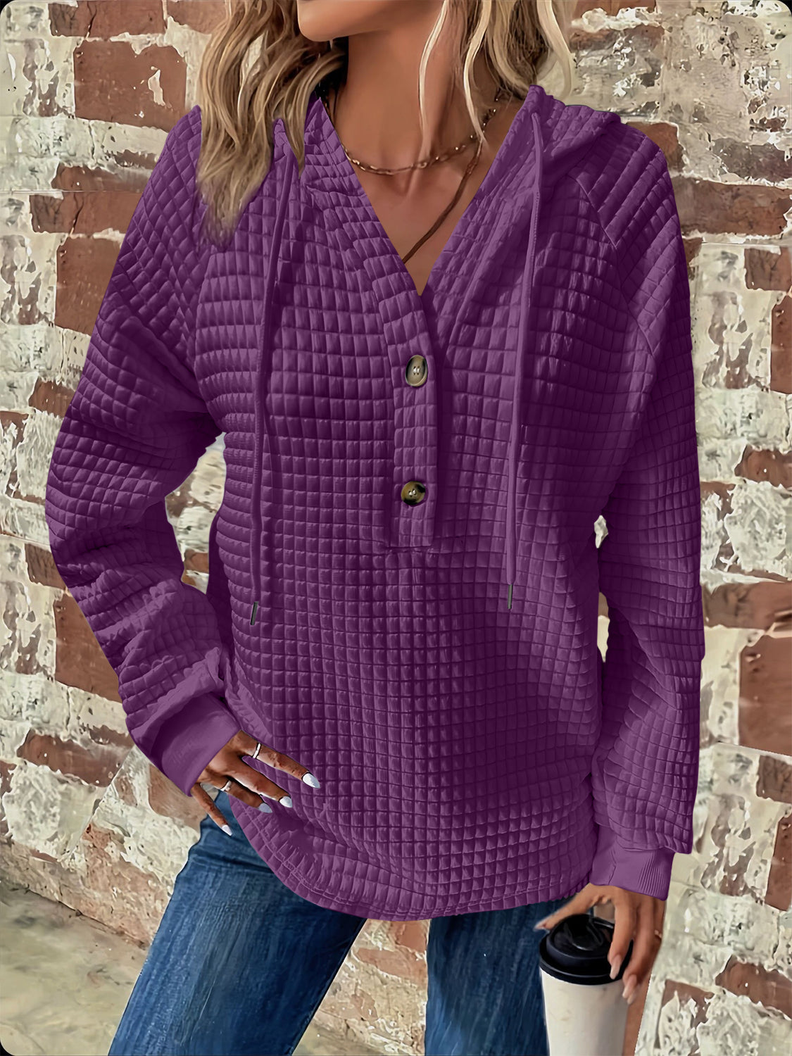 Full Size Textured Button Detail Drawstring Long Sleeve Hoodie for Men & Women - Cozy Casual Wear for Fall Winter Outdoor Activities
