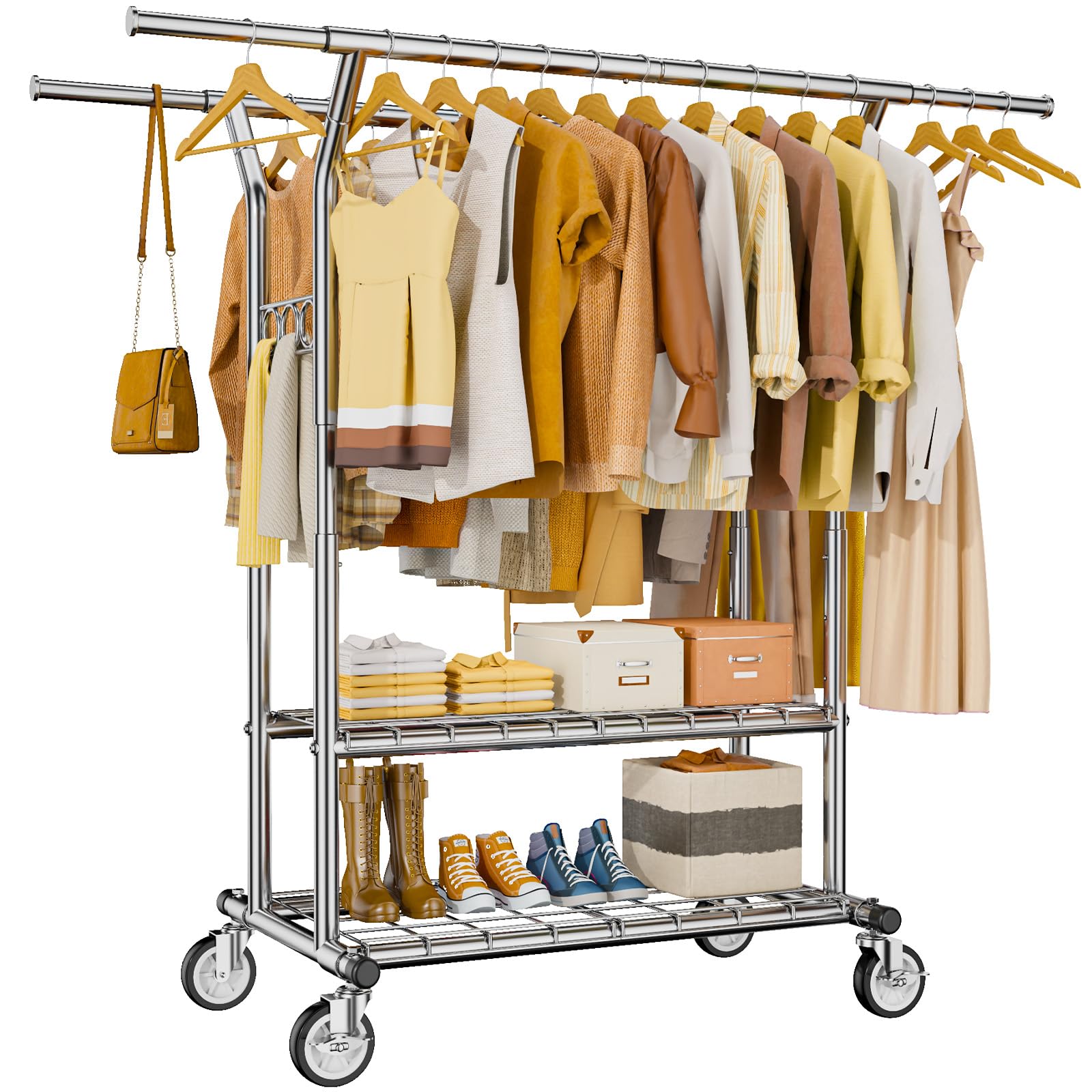 Heavy Duty Rolling Garment Rack with Shelves - 620 lbs Capacity, Adjustable Double Rod Clothes Hanger for Hanging Clothes, Portable Wheeled Clothing Rack for Home, Office, and Retail Store Use