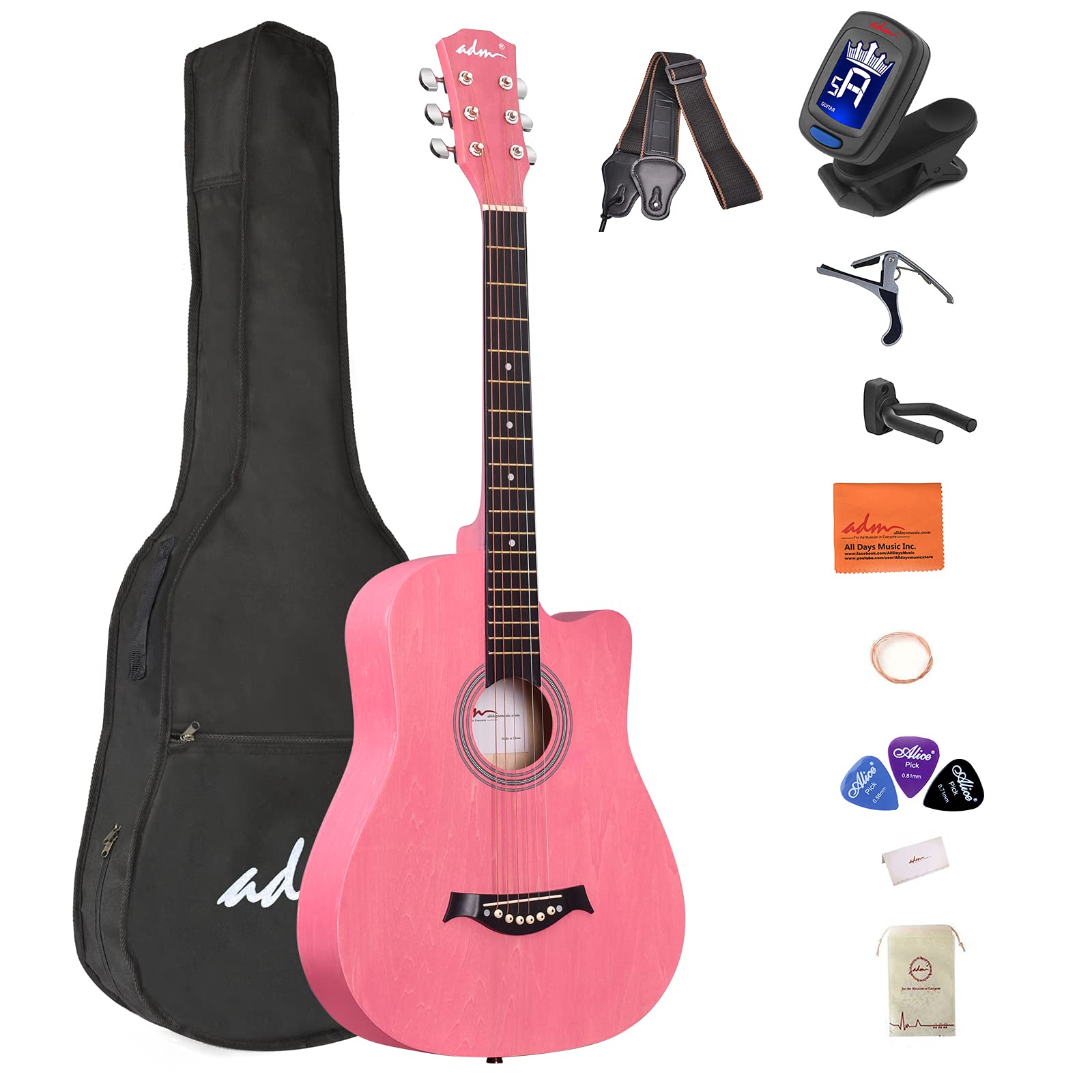 **38 Inch ADM Acoustic Guitar for Beginners - Steel Strings Cutaway Wood Guitar with Starter Kit (Gig Bag, Tuner, Strap, Picks, Capo) & Free Lessons - Perfect for Kids & Adults - Pink | Ideal for Learning, Practice & Live Performances**