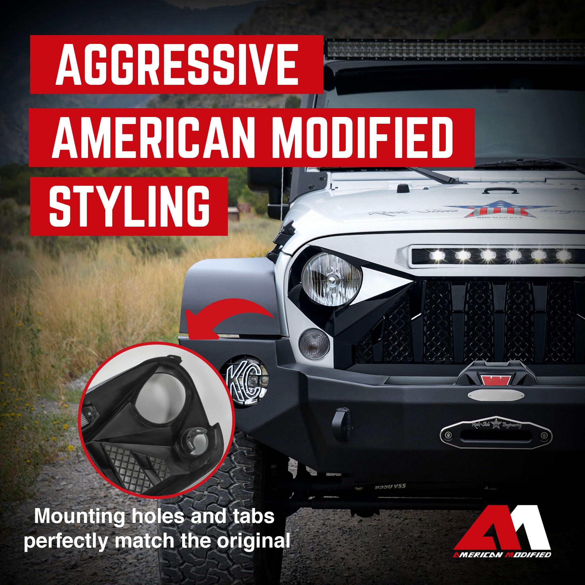Black & White ABS Plastic Front Gladiator Grille with LED Off-Road Lights for 2007-2018 Jeep Wrangler JK - Durable Aftermarket Replacement for Off-Roading & Adventure