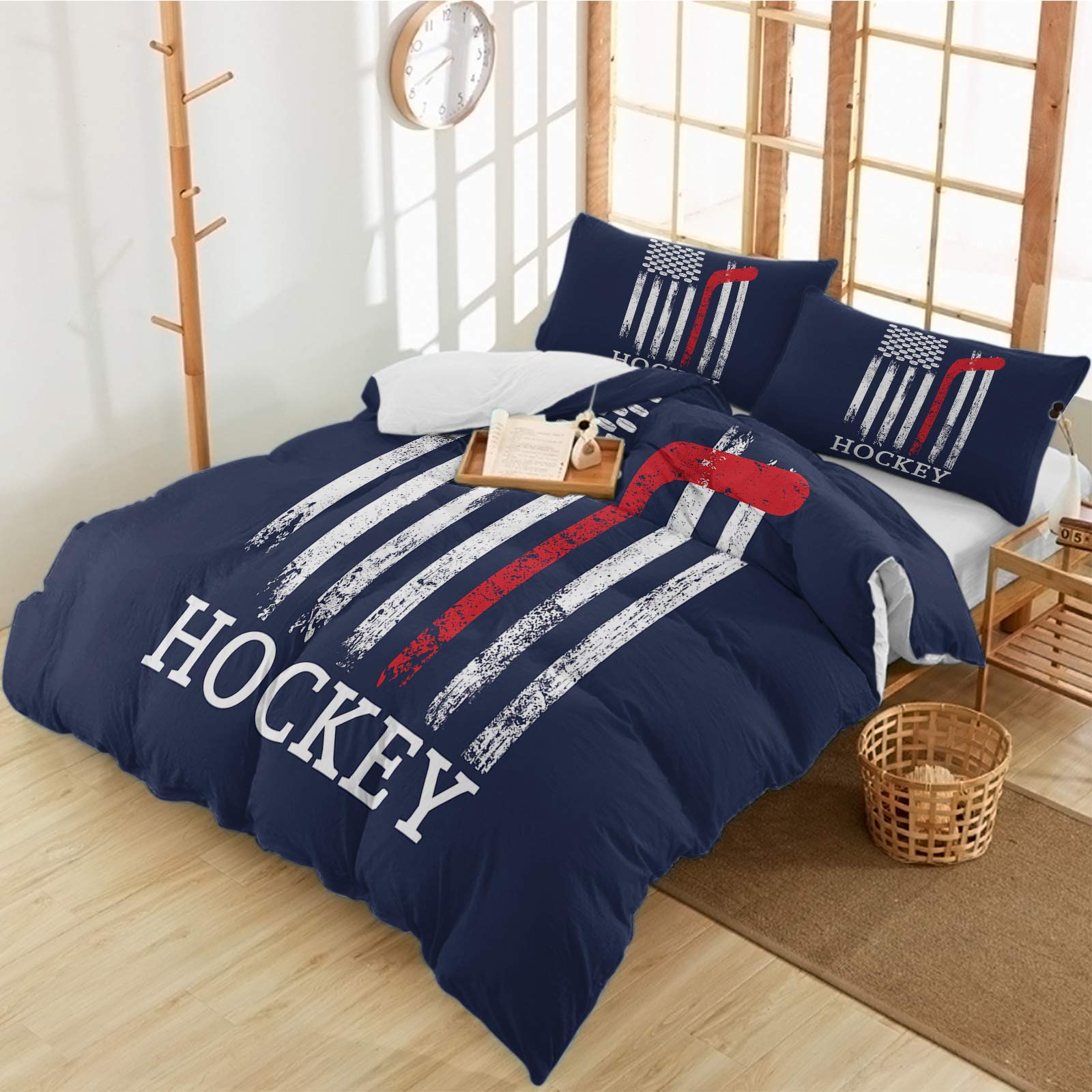 3-Piece American Ice Hockey Sports Bedding Set - Duvet Cover with 2 Pillow Shams, USA Flag Stripes Design for Kids, Teens, Men & Women | Perfect for Sports-Themed Bedrooms, Dorm Rooms & Fan Gifts