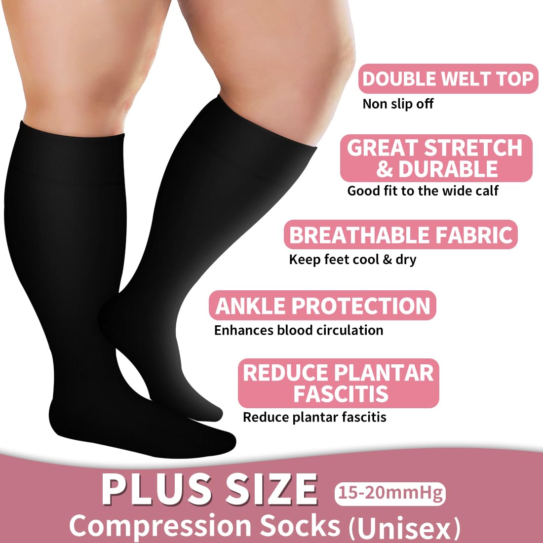 Hebe Plus Size Compression Socks for Women & Men - 3 Pairs Wide Calf Knee High Support Socks for Circulation & Swelling Relief - Perfect for Travel, Nursing & Varicose Veins