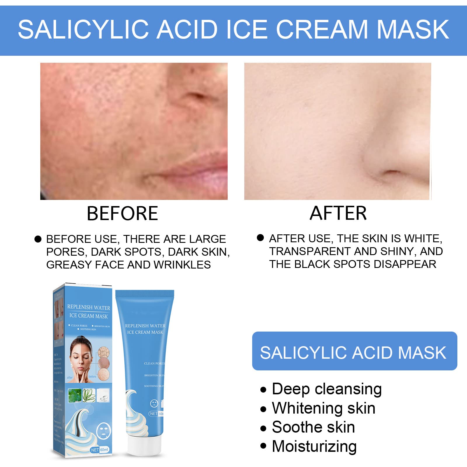 TMTW Salicylic Acid Ice Cream Mask - Deep Moisturizing & Repairing Overnight Sleep Mask for Acne & Blackhead Removal, Pore Minimizing & Ultra-Cleaning Face Mask (1pc) - Perfect for Nighttime Skincare Routine & Post-Workout Pore Care