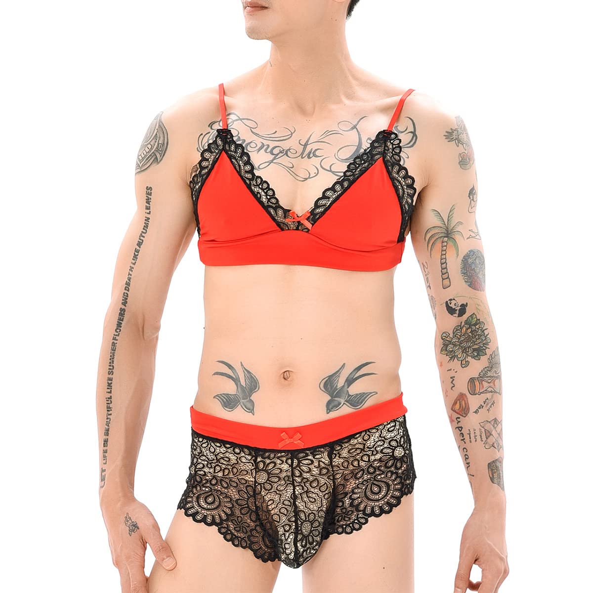 ABAFIP Men's Floral Lace Bra & Bikini Panty Set with Bowknot Stockings - 3 Piece Sissy Nightwear for Crossdressing, Sleepwear & Sensual Lingerie - Perfect for Role Play, Bedtime & Special Occasions