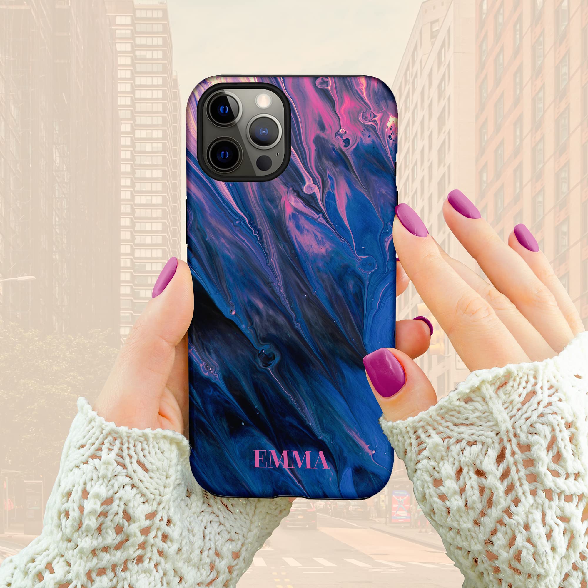 Custom Name Purple & Blue Abstract Marble Personalized Phone Case for iPhone 16 Plus/15 Pro Max/14/13 Mini/12/11/X/XS Max/XR/7/8 - Durable Protective Cover for Everyday Use, Work & Travel