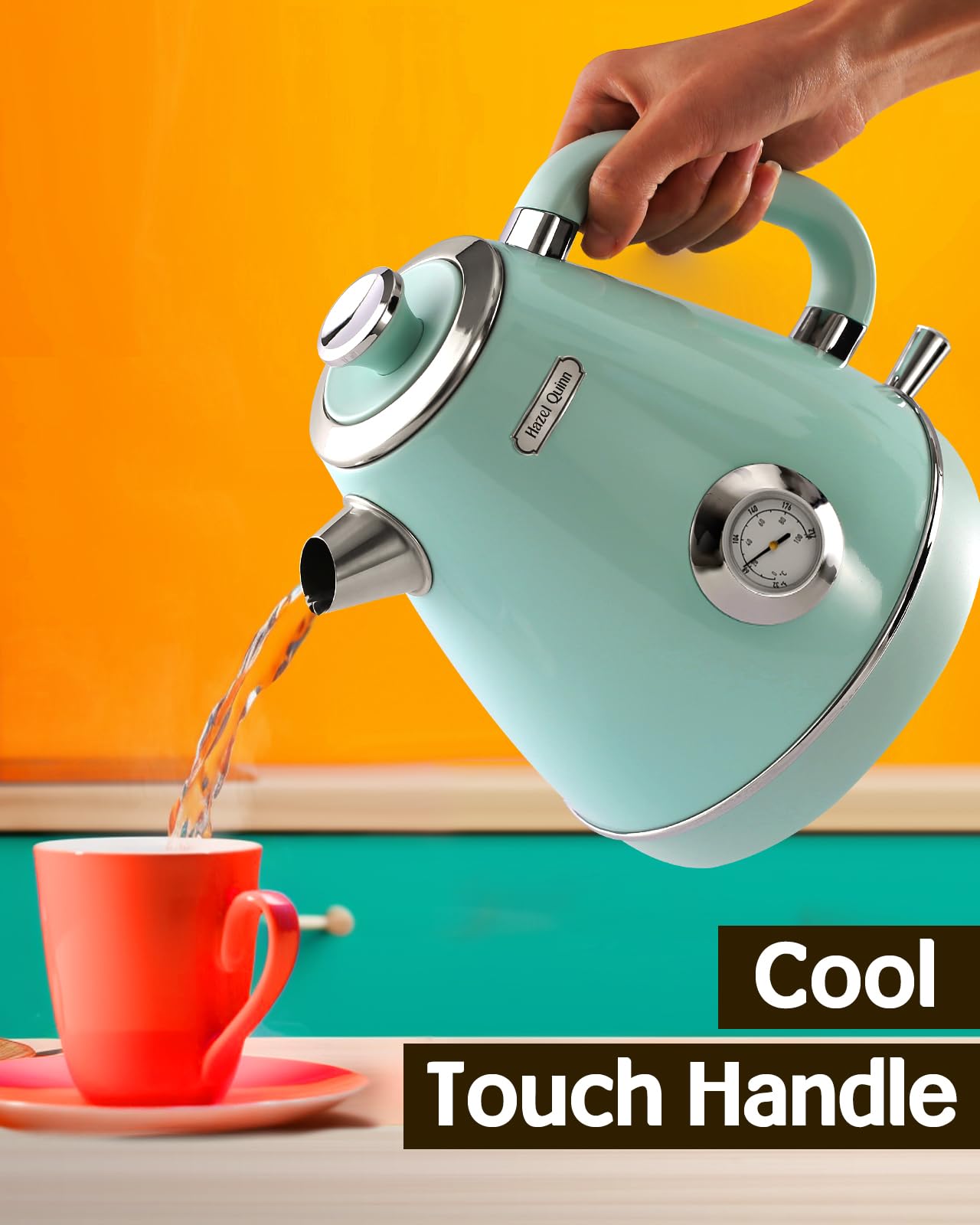 Hazel Quinn Retro Electric Kettle 1.7L (57.5oz) - Stainless Steel Fast Boiling Tea Kettle with Thermometer, 1200W, BPA-Free, Cordless & Auto Shut Off - Perfect for Home, Office & Tea Lovers (Mint Green)
