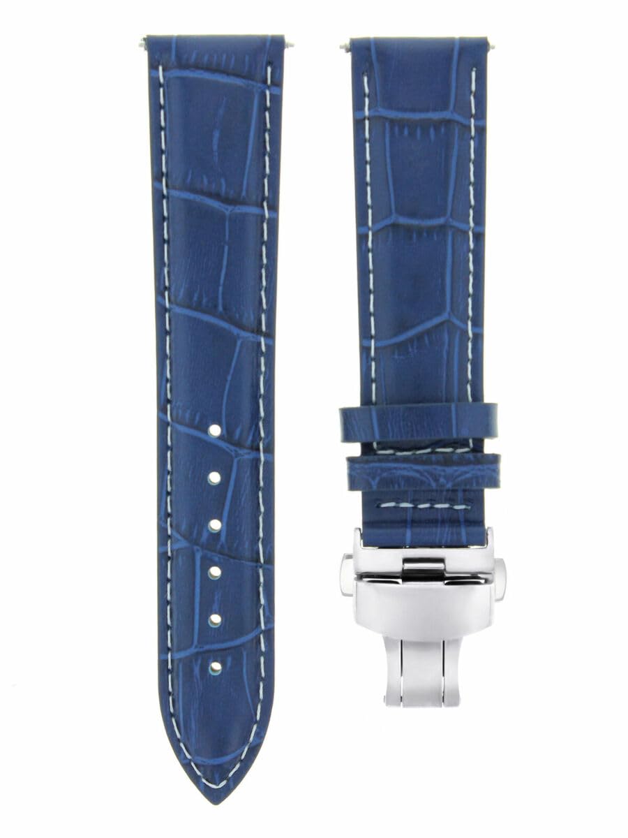 20mm Genuine Leather Watch Band Strap - Compatible with Rolex Submariner, Deployment Clasp, Blue with White Stitching - Perfect for Business, Casual & Dress Watches