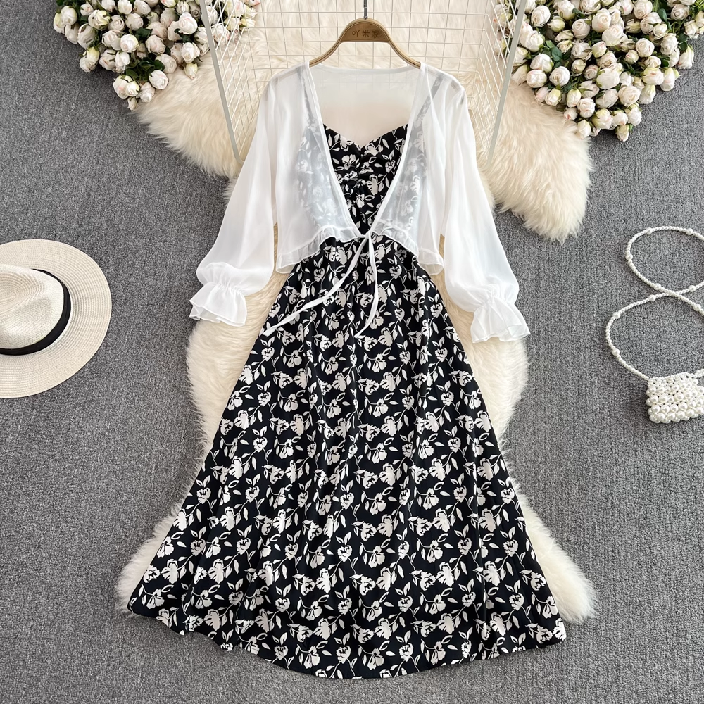 Fairy Chiffon Cardigan & Sleeveless A-Line Floral Dress 2-Piece Set for Women - Summer Beach Cover Up, Boho Wedding Guest Outfit, Casual Date Night Dress