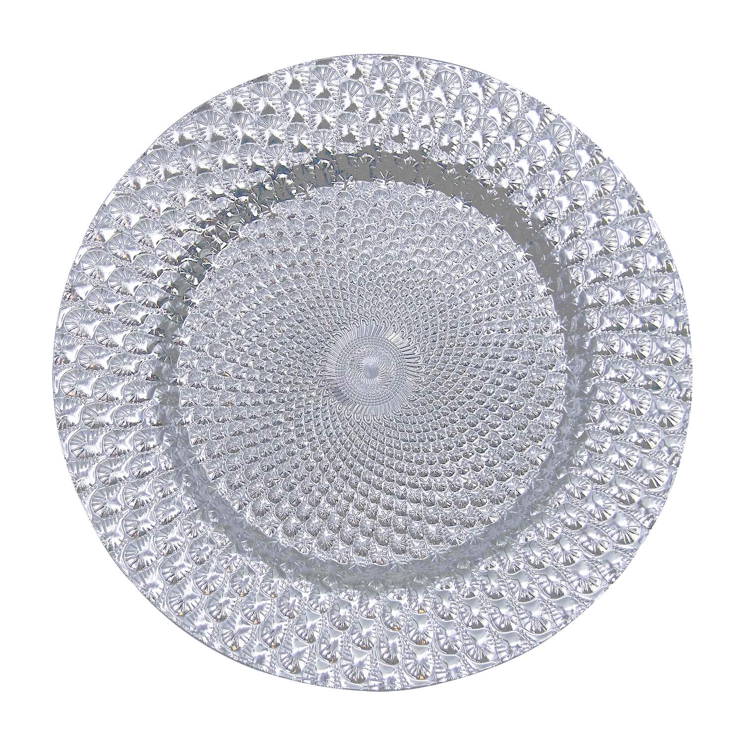 WELMATCH Silver Plastic Peacock Charger Plates - Set of 12, 13 Inch Round Decorative Dinner Plates for Wedding, Party, and Special Events (Peacock Silver)