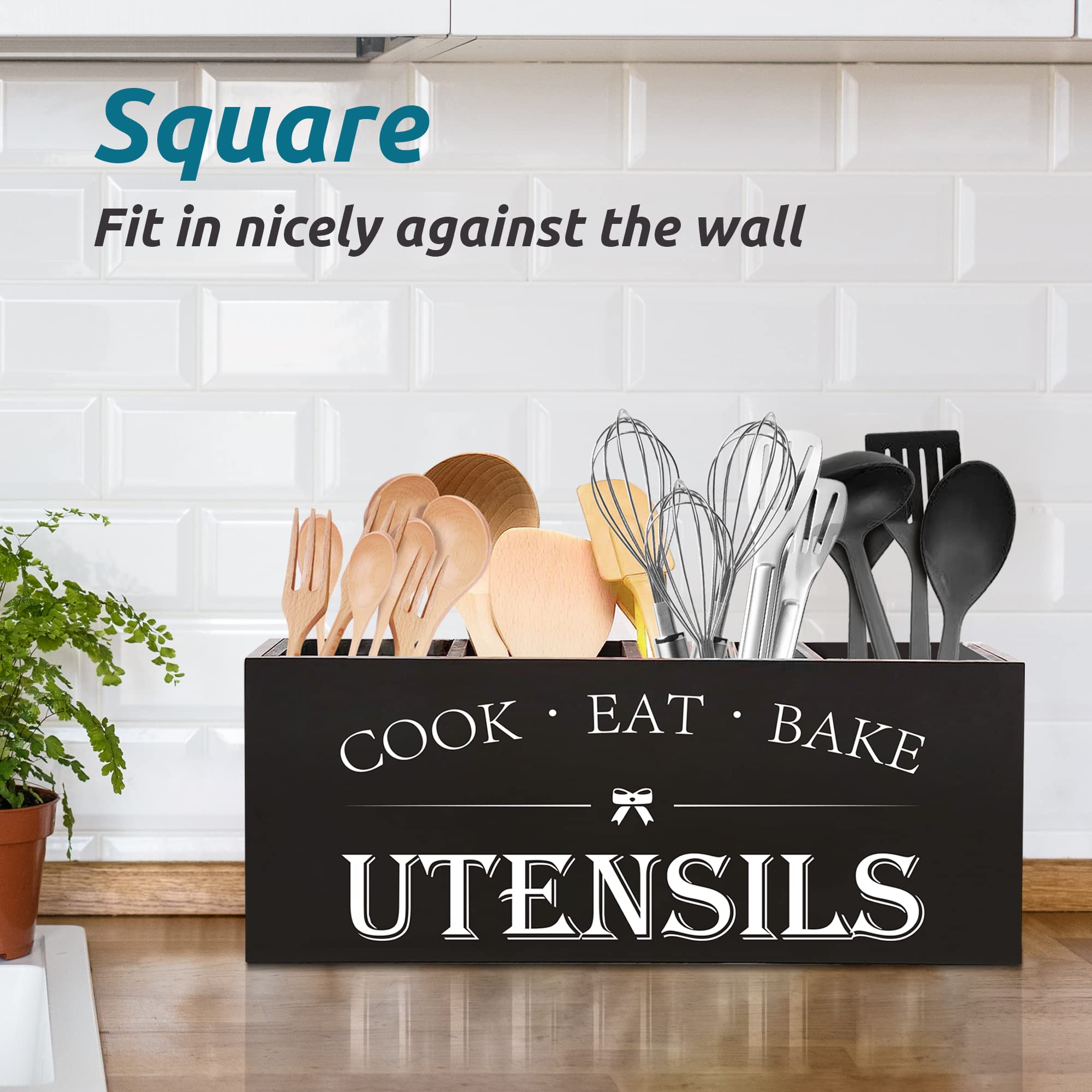 Extra Large Wooden Kitchen Utensil Holder with 4 Compartments - Rustic Farmhouse Countertop Organizer for Cooking Tools, Spoons & Spatulas - Black - Perfect for Kitchen Counter Organization & Farmhouse Style Decor