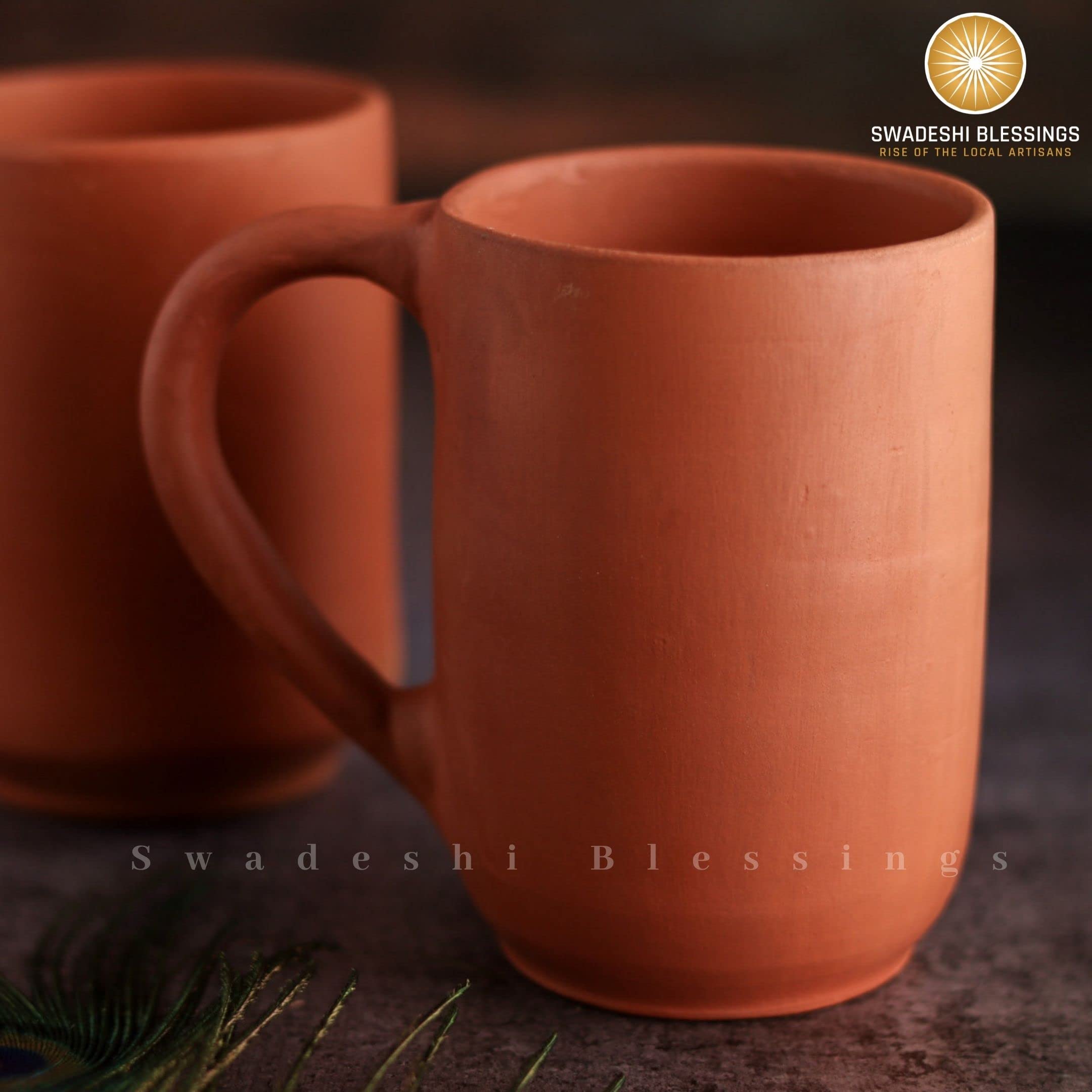 Handmade Unglazed Clay Mugs Set of 2 - 400ml Earthenware Cups for Tea, Coffee & Milk | Ayurvedic Mud Mugs with Mirror Finish + Free Cleaning Ash | Eco-Friendly Ceramic Mugs for Home, Office & Ayurvedic Rituals