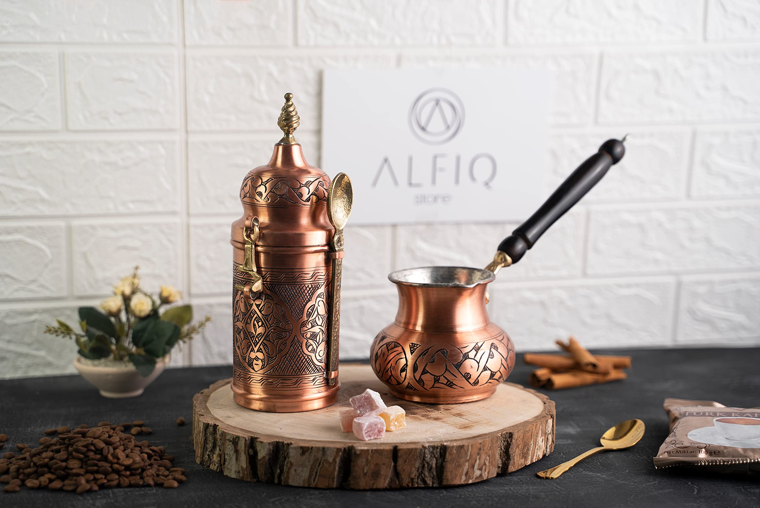 Handmade Solid Copper Coffee Pot and Airtight Canister Set of 2 - Premium Coffee Making Kit for Espresso, Turkish & Pour Over Brewing | Perfect for Home Baristas & Coffee Enthusiasts