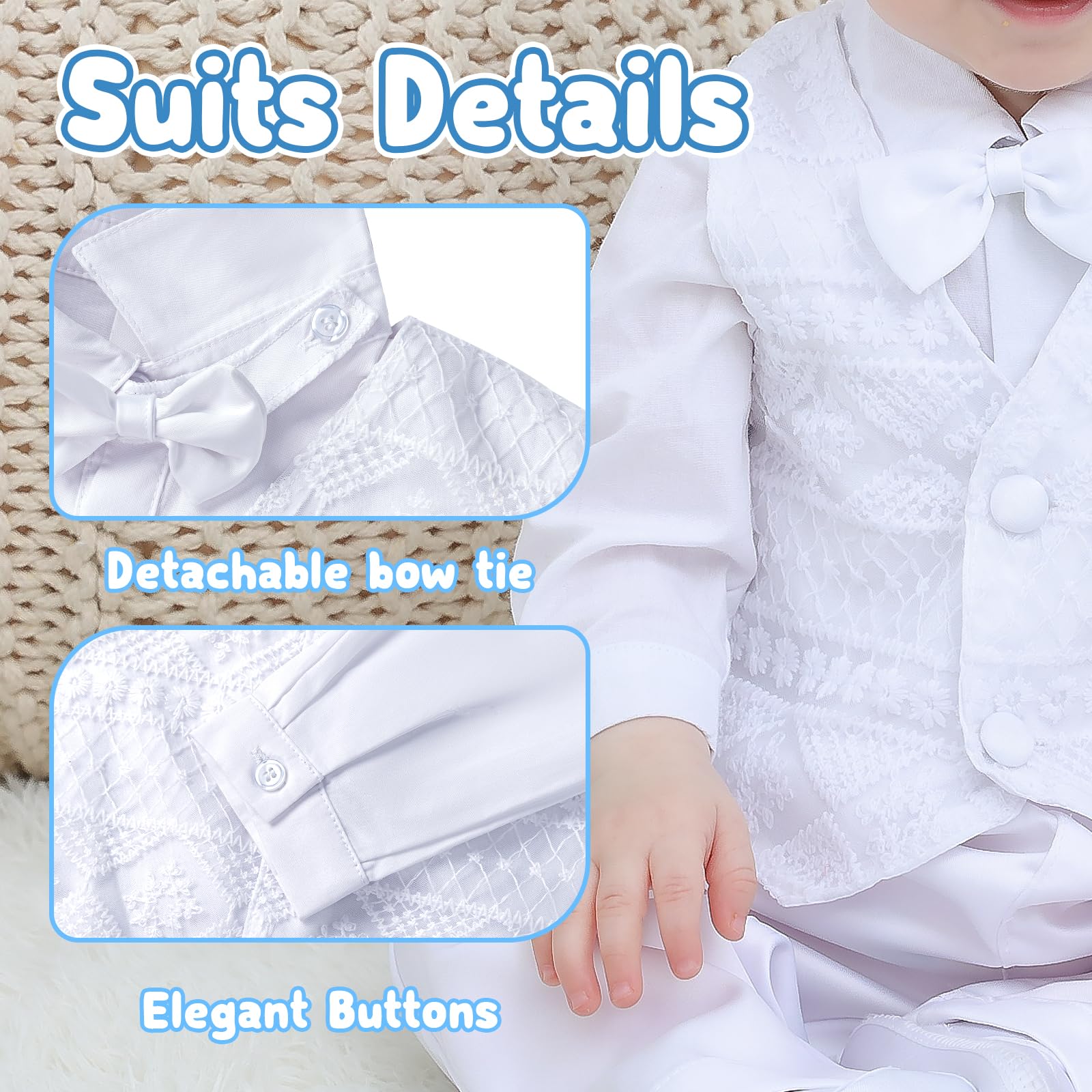 Booulfi Baby Boy Christening Outfit - White Baptism Suit with Dress Shirt & Pants - Perfect for Christening, Baptism, First Communion & Special Occasions