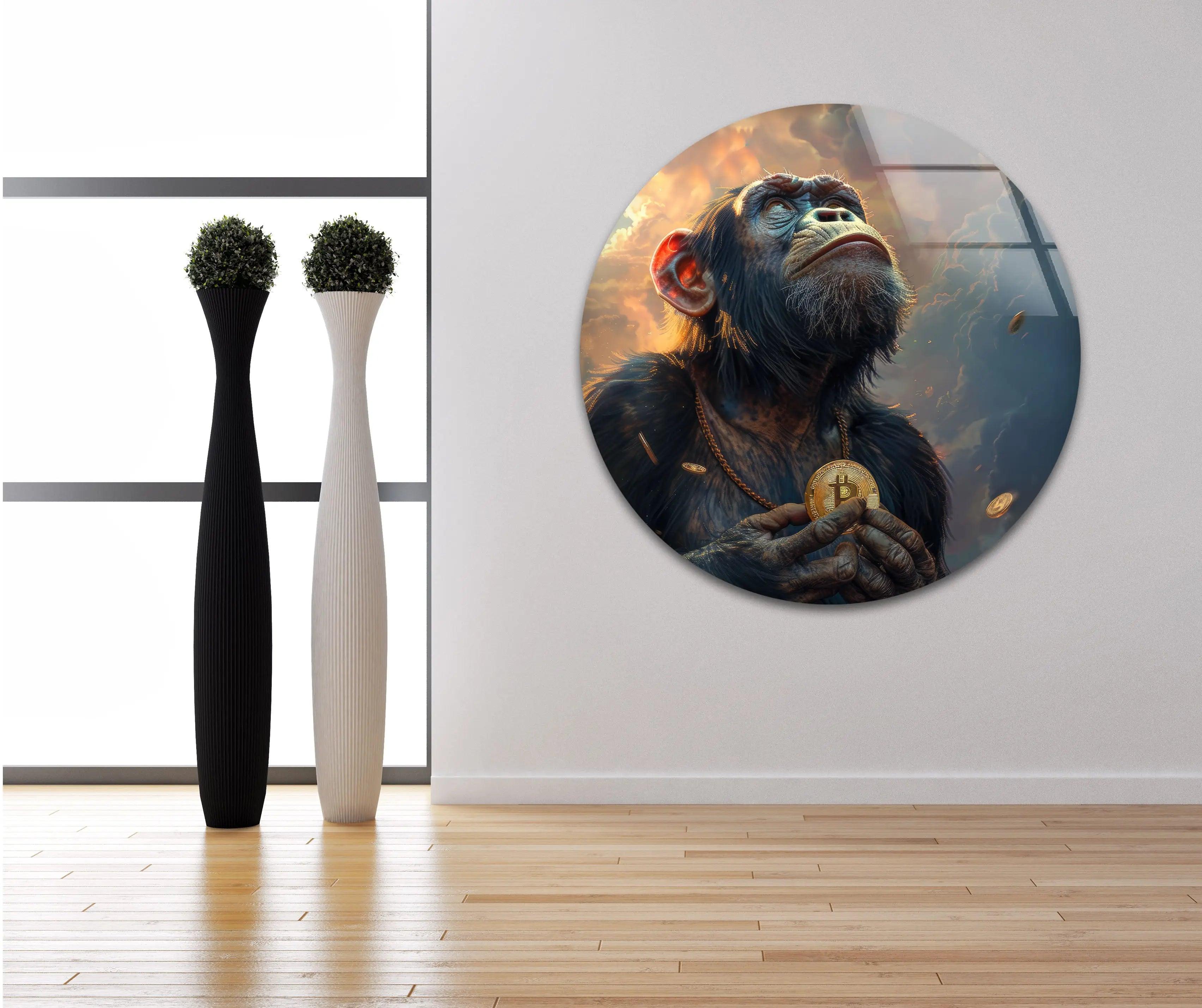 Bitcoin Monkey Glass Wall Art - Unique Crypto Decor for Home & Office - Perfect for Living Room, Bedroom, or Workspace