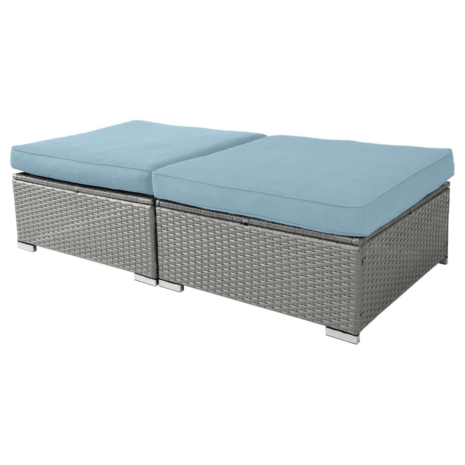 2-Piece Outdoor Ottoman Set - All-Weather Grey Wicker Footstool with Removable Cushions - Patio Rattan Footrest Seat for Balcony, Backyard & Garden (Sky Blue) - Perfect for Relaxing, Entertaining & Outdoor Decor