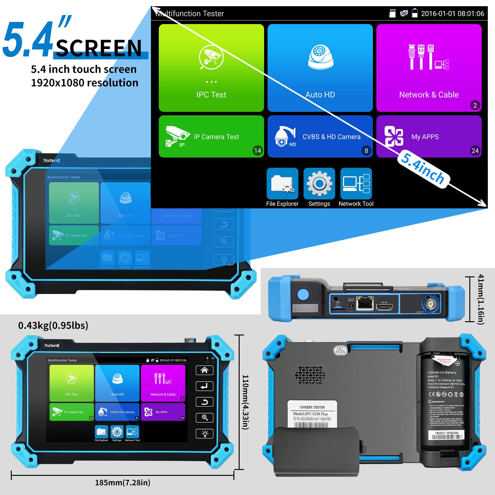 Rsrteng IPC-5100 Plus 8MP IP Camera Tester - 5inch IPS Touch Screen Monitor with 4K HD Display, Supports AHD/CVI/TVI/CVBS/IP/POE/PTZ/WiFi/RS485/HDMI/VGA/DC12V - Perfect for CCTV Installation & Security Camera Maintenance