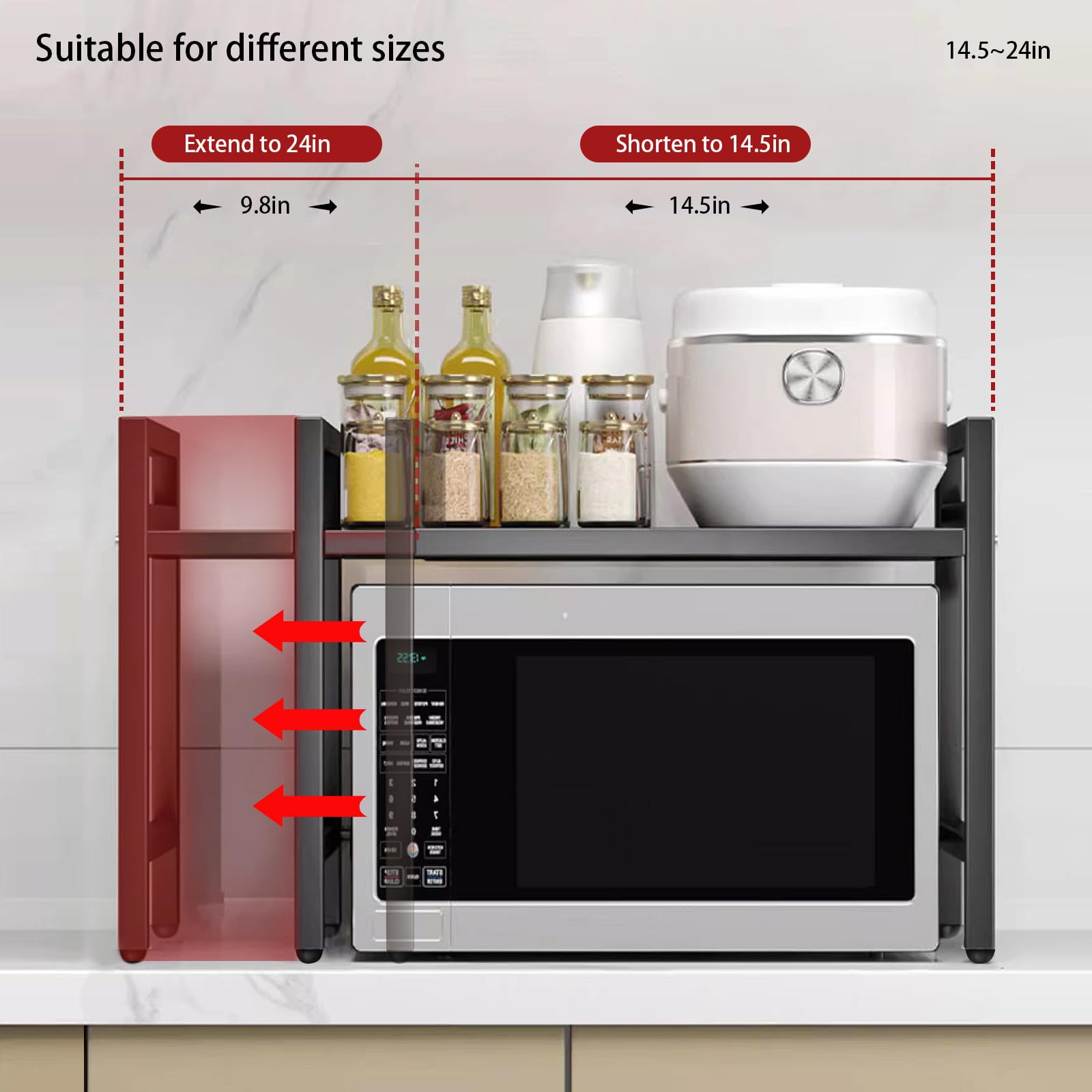 Adjustable Microwave Oven Rack with Hooks - 100lb Capacity Countertop Shelf for Kitchen Storage | Perfect for Small Spaces & Microwave Organization