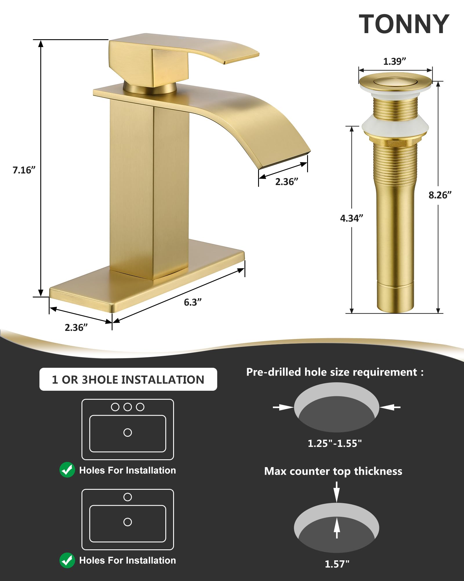 Modern Single Hole Bathroom Faucet - Waterfall Spout Brushed Gold Finish with Drain Assembly & Lead-Free Hose - Perfect for Bathroom Sink, Vanity, and Powder Room Upgrades - TONNY