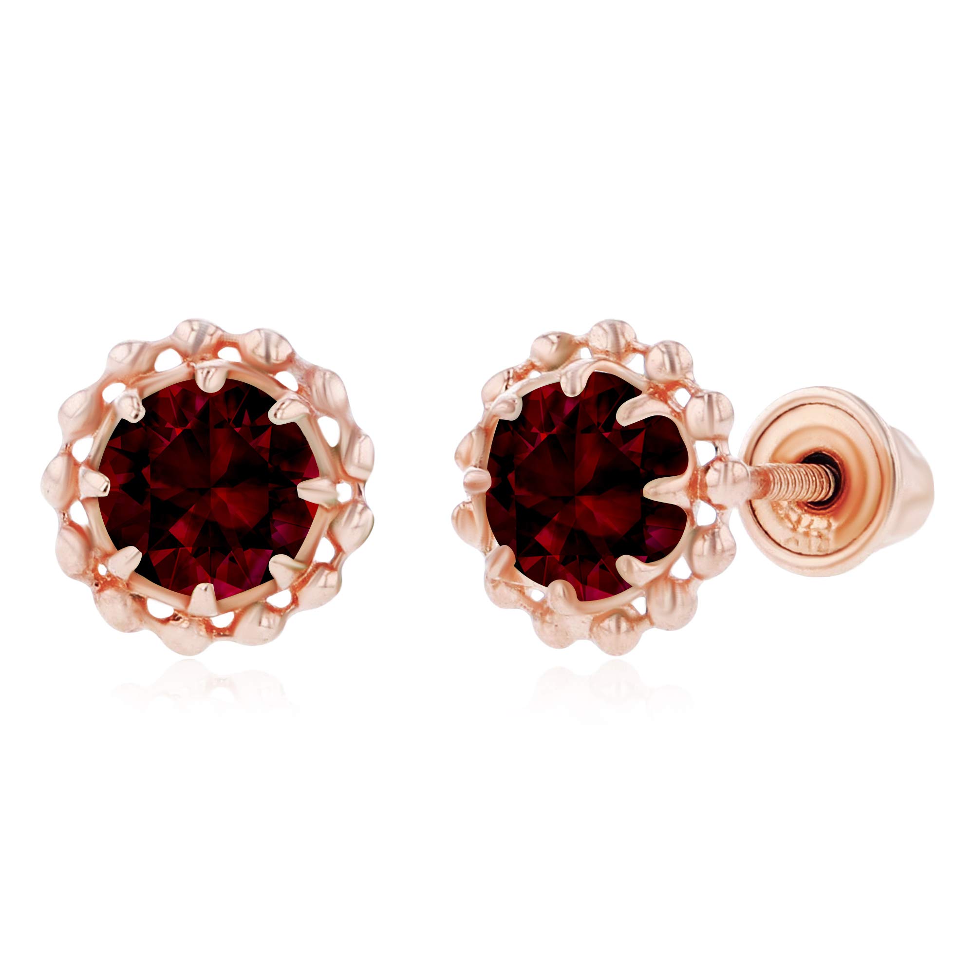 14K Solid Gold 6mm Textured Halo Natural Birthstone Screwback Stud Earrings for Women | 4mm Round Gemstone | Elegant Everyday & Special Occasion Jewelry Gift