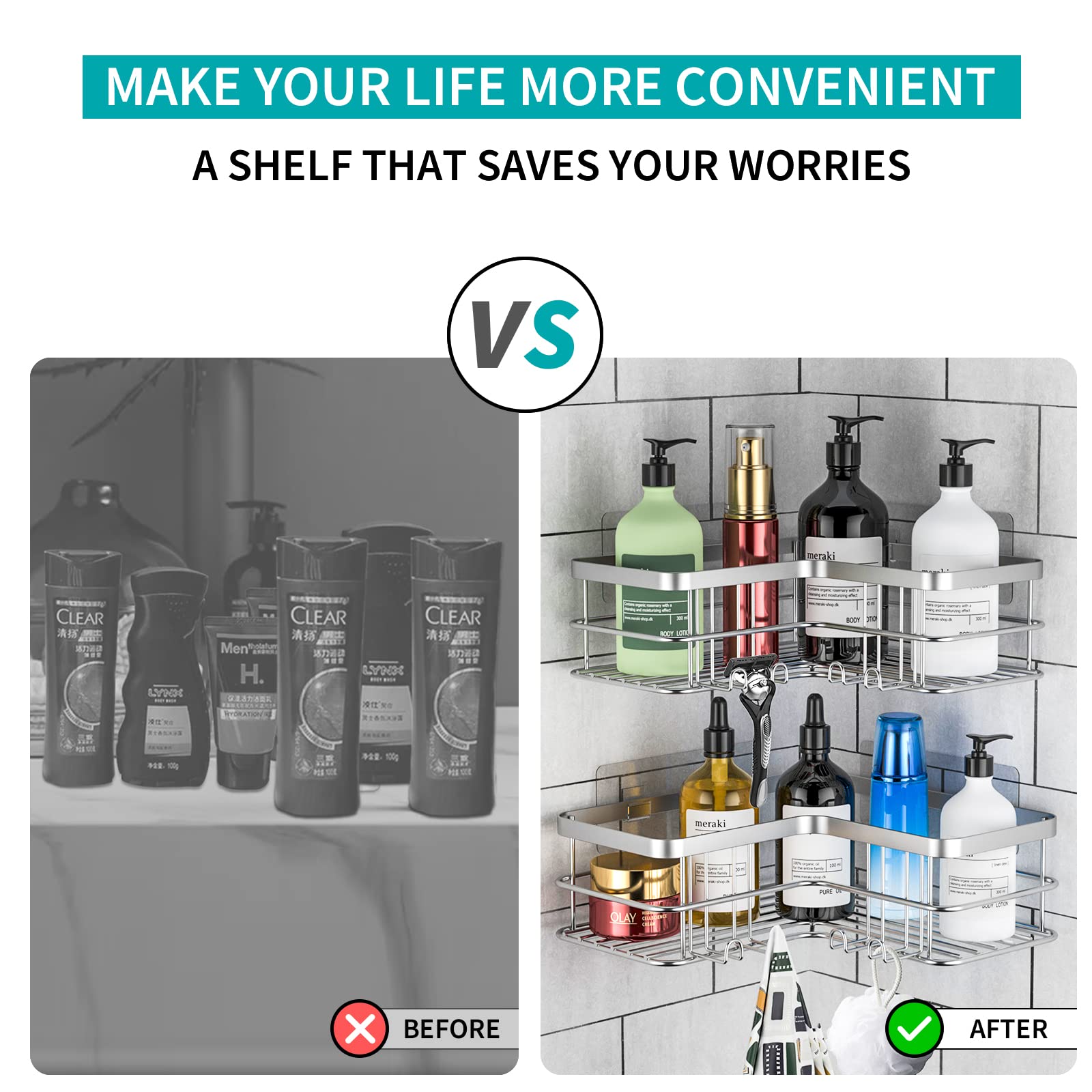 2-Pack No Drill Stainless Steel Shower Caddy Corner Shelf Organizer - Rustproof Bathroom & Kitchen Storage for Shampoo, Soap, Sponges - Perfect for Small Spaces & Rental Homes (Silver)
