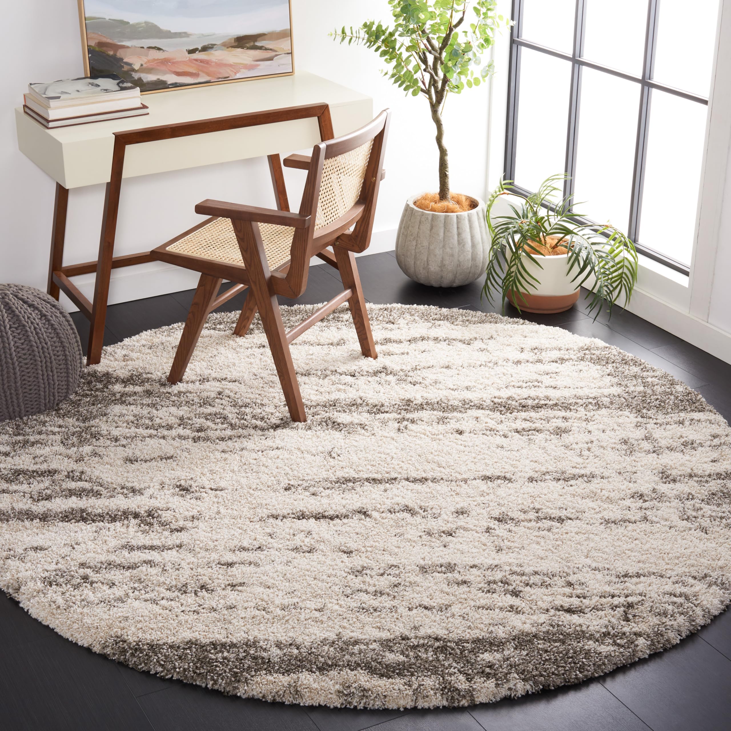 SAFAVIEH Hudson Shag Collection 7' Round Ivory/Grey Abstract Area Rug - Non-Shedding, Plush 2-inch Thick - Perfect for Living Room, Bedroom, Dining Room & Entryway - Soft & Durable Home Decor for Cozy Spaces
