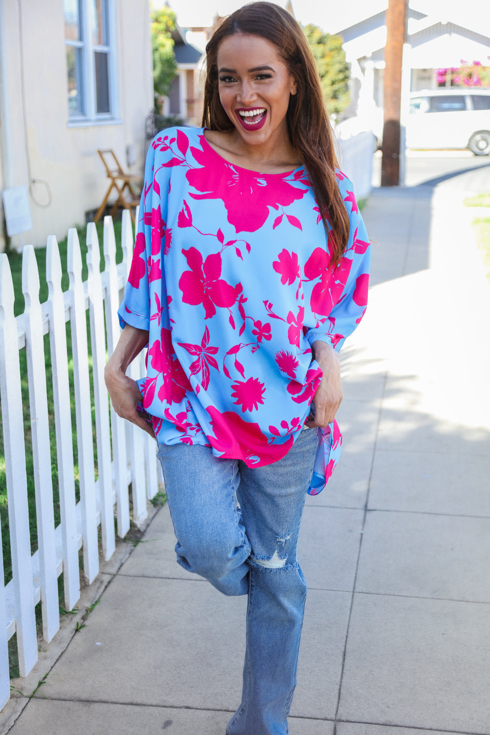 Stylish Fuchsia Floral Asymmetrical Cover-Up Blouse for Women - Perfect for Beach, Pool, and Summer Vacation Outfits