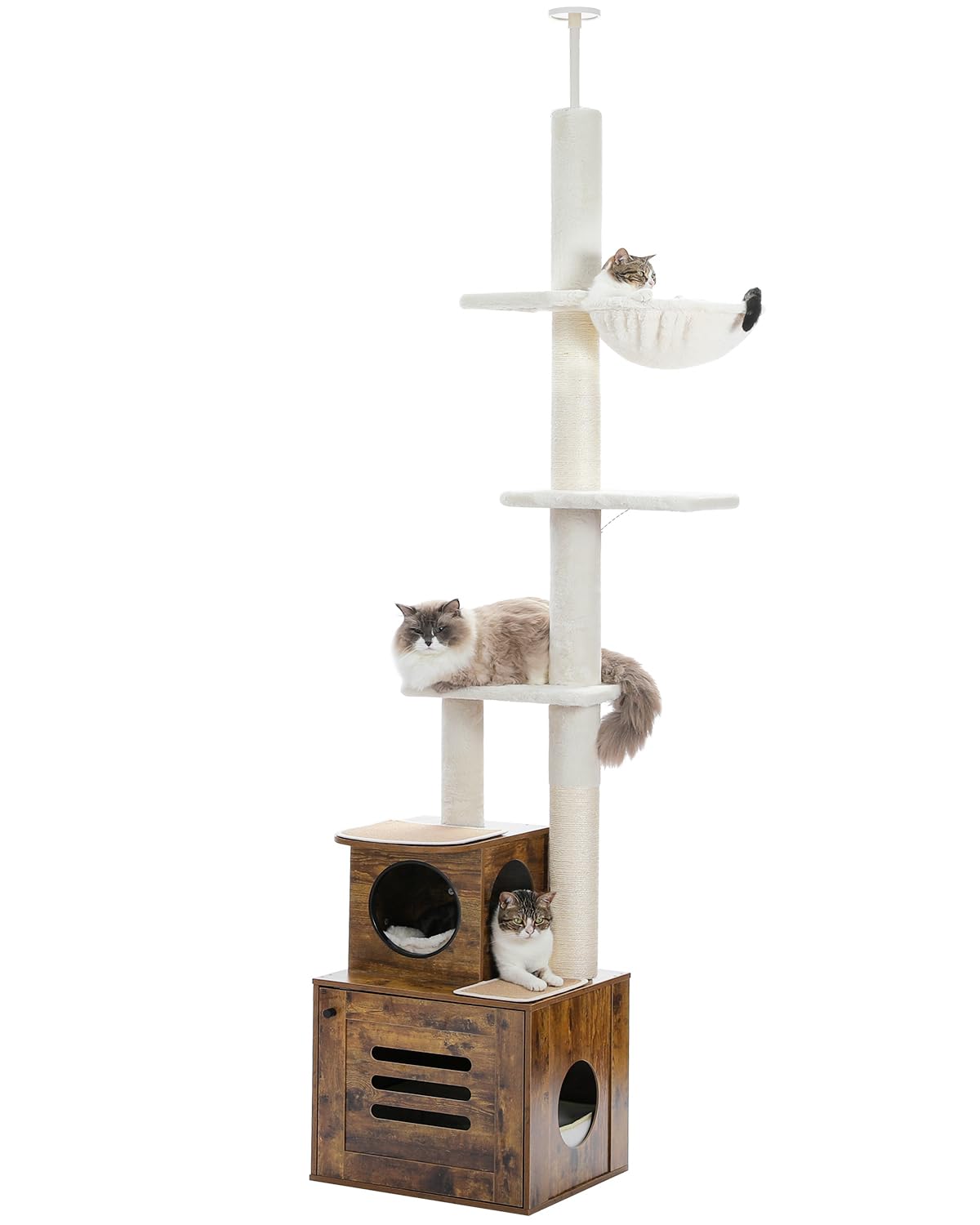 Premium MUTTORS Cat Tree Floor to Ceiling - Adjustable Height 90.6-110.2 Inch Cat Tower with 6 Tiers, Scratching Post & Litter Box Enclosure - Modern Rustic Brown Cat Condo for Indoor Cats - Perfect for Small Spaces & Multi-Cat Homes