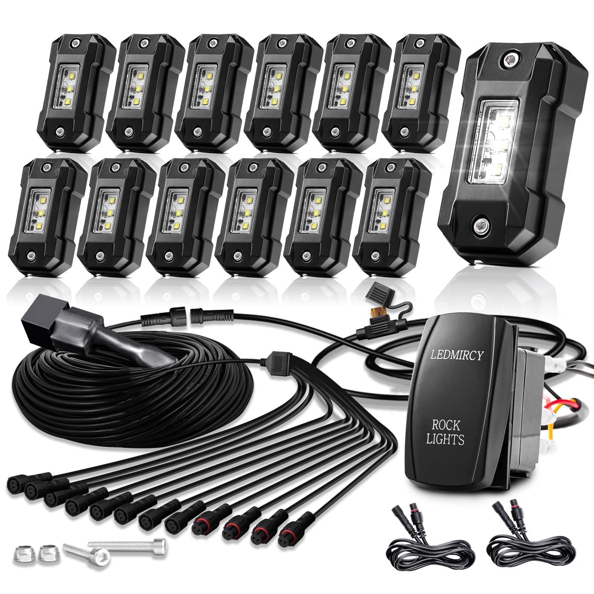R4 Pure White LED Rock Lights Kit - 12PCS High Power Waterproof Underglow Lights with Roker Switch & Wire Harness for Offroad Trucks, ATV, UTV, SUV - Perfect for Night Trail Riding & Off-Road Adventures