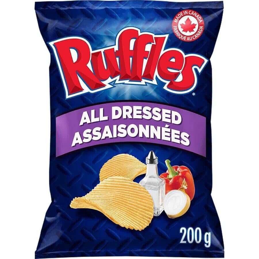 Ruffles Potato Chips Variety Pack - Sour Cream & Onion, Sour Cream & Bacon, BBQ, All Dressed - 200g/7oz (4-Pack) | Canadian Snacks Shipped from Canada | Perfect for Parties, Movie Nights & Road Trips