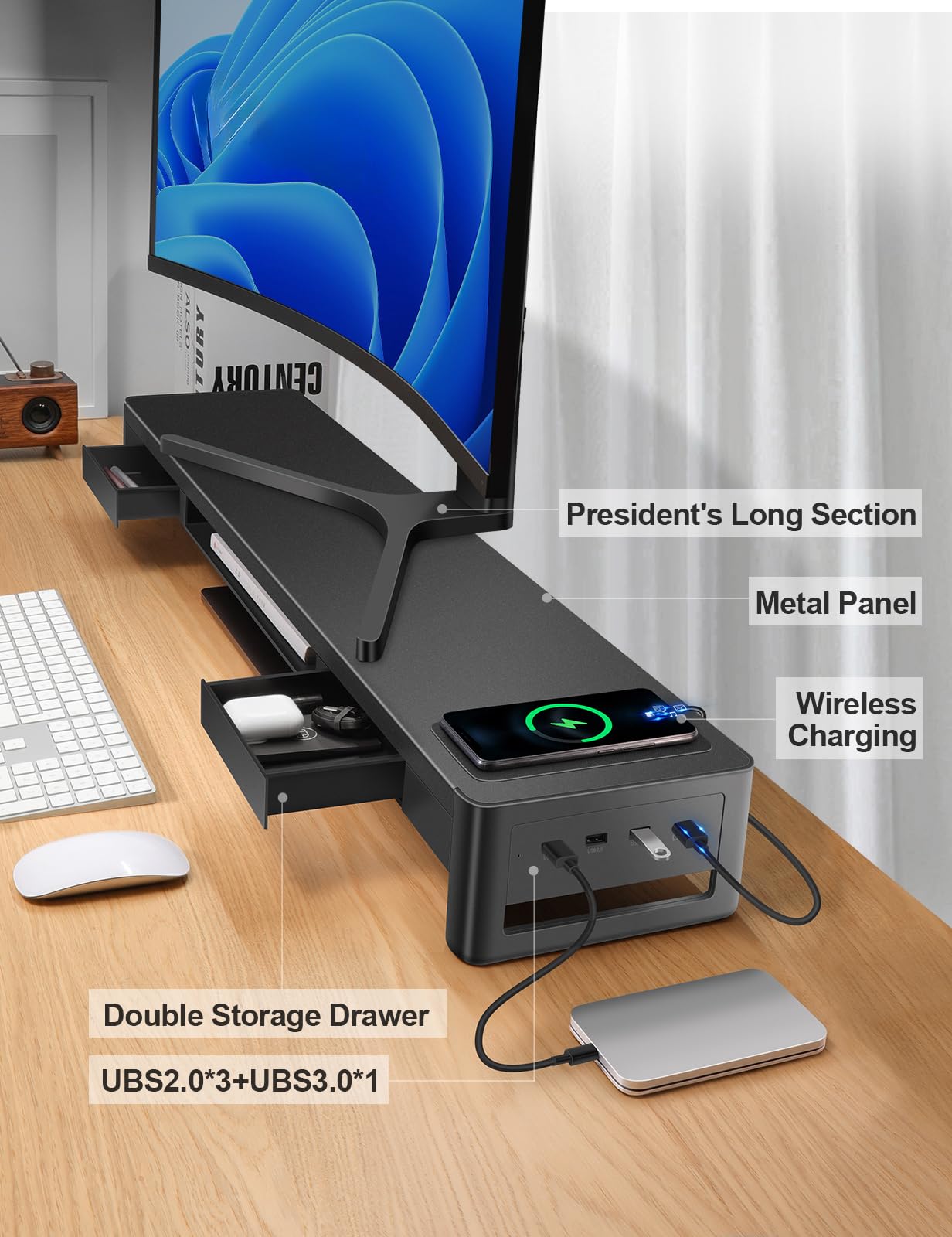 Dual Monitor Stand Riser with 2 Drawers & 4 USB Ports - Metal Monitor Stand for 2 Screens with Wireless Charging Pad & Data Transfer - 38.7 Inch Desk Organizer for PC Workstation & Gaming Setup