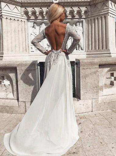 Elegant Long Sleeve Backless Grey Lace Beaded Prom Dress for Evening & Sweet 16 Parties - Custom Sizing Available | Perfect for Homecoming, Formal Events & Special Occasions