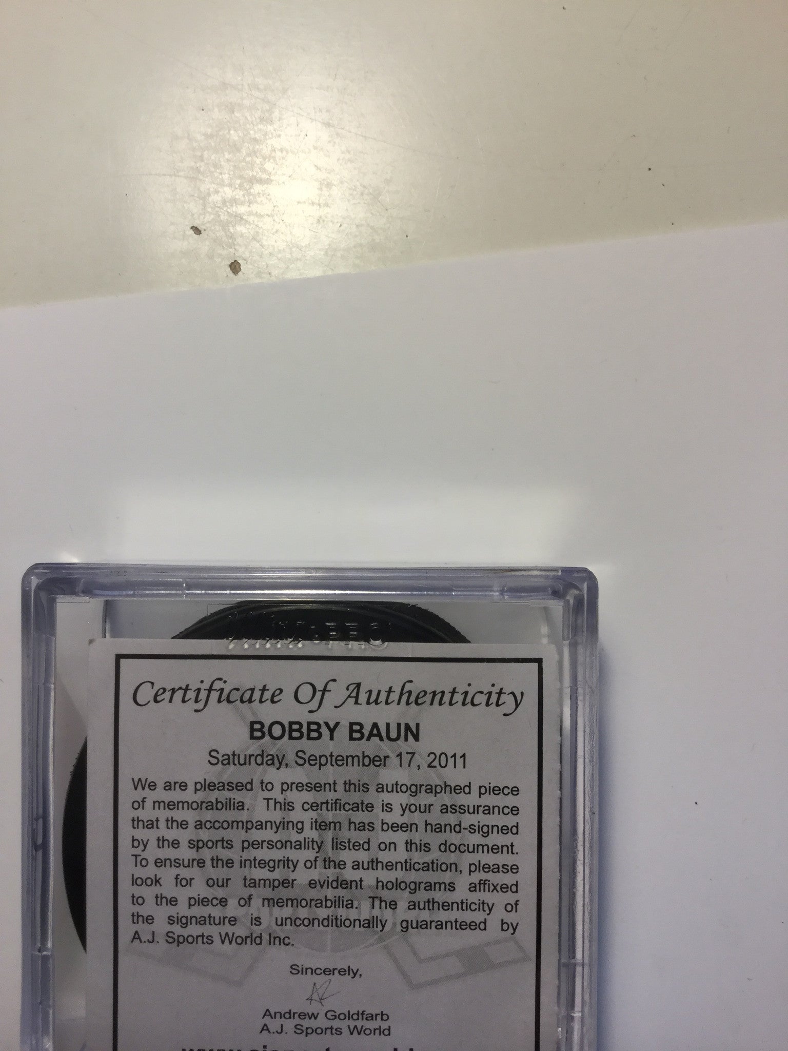 Bobby Baun Autographed Hockey Puck with COA - Authentic Signed NHL Collectible for Hockey Fans and Memorabilia Collectors - Perfect for Display, Gifts, and Sports Enthusiasts