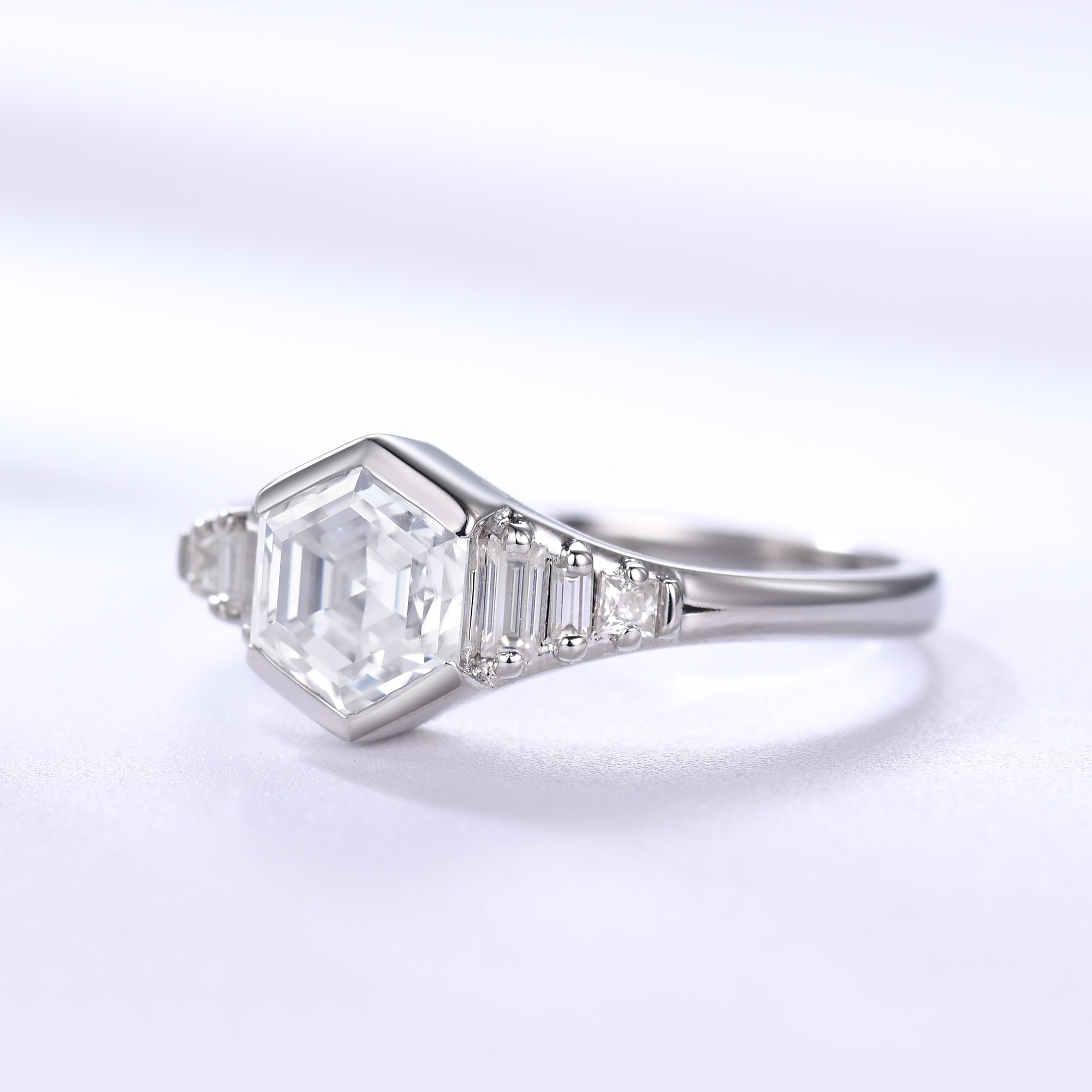 Vintage Inspired Hexagon Moissanite Engagement Ring in 14K White Gold with Unique Bezel Setting - Perfect for Proposals, Anniversaries & Special Occasions