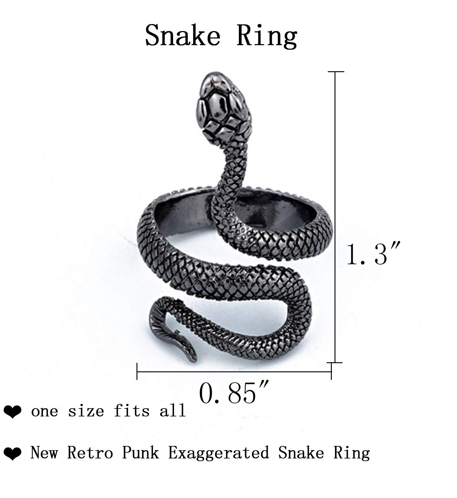 Gothic Black Snake Ring for Women - Adjustable Open Knuckle Punk Silver Serpent Band - Stackable Reptile Jewelry for Halloween Costume Accessories & Gothic Fashion Outfits