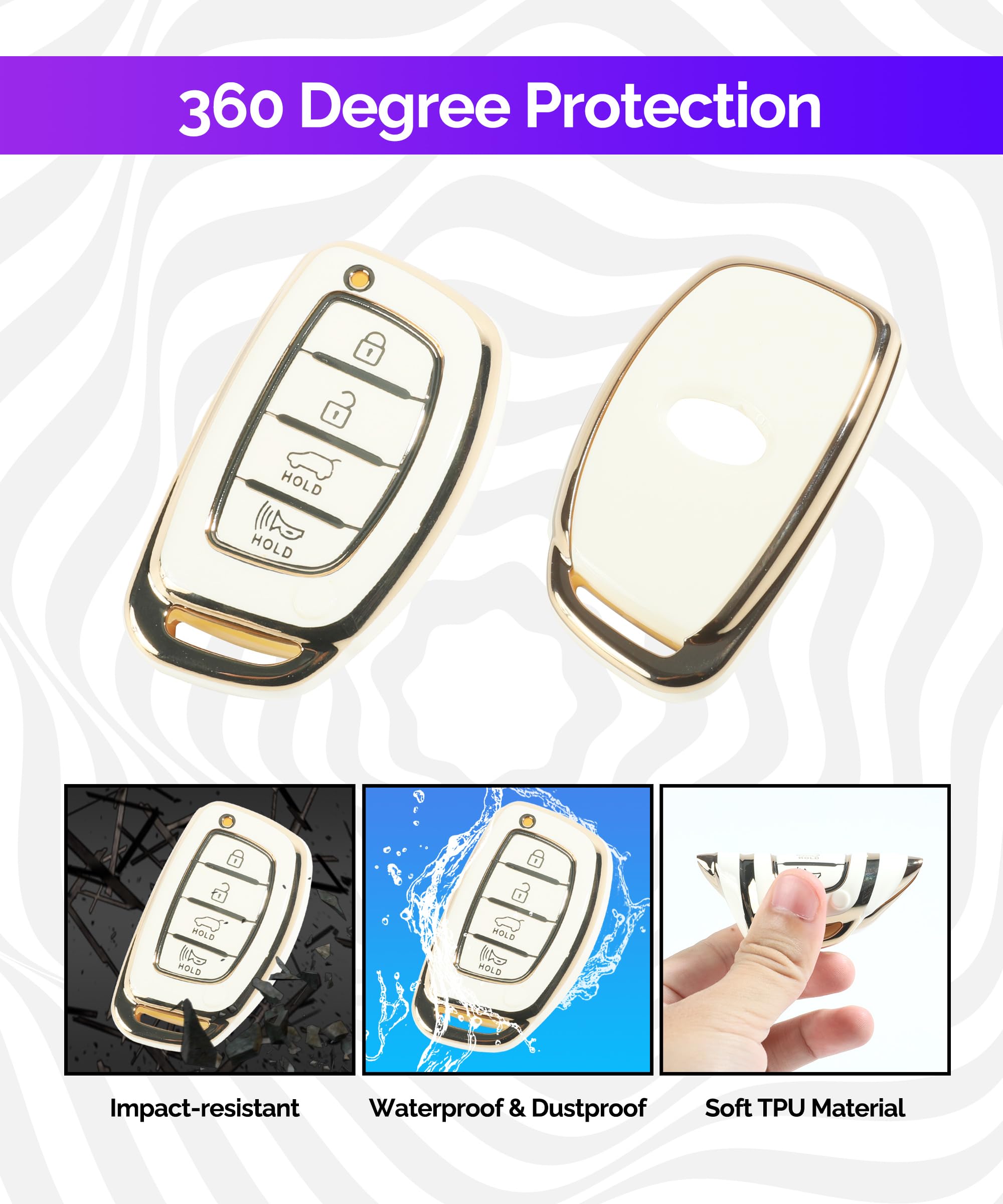 RACOONA Car Key Cover - Universal Smart Key Protector Case with Keychain | Compatible with Hyundai & Most Car Models (4 Button, White) | Durable Shell Protection for Key Fobs - Perfect for Daily Use, Travel & Key Organization