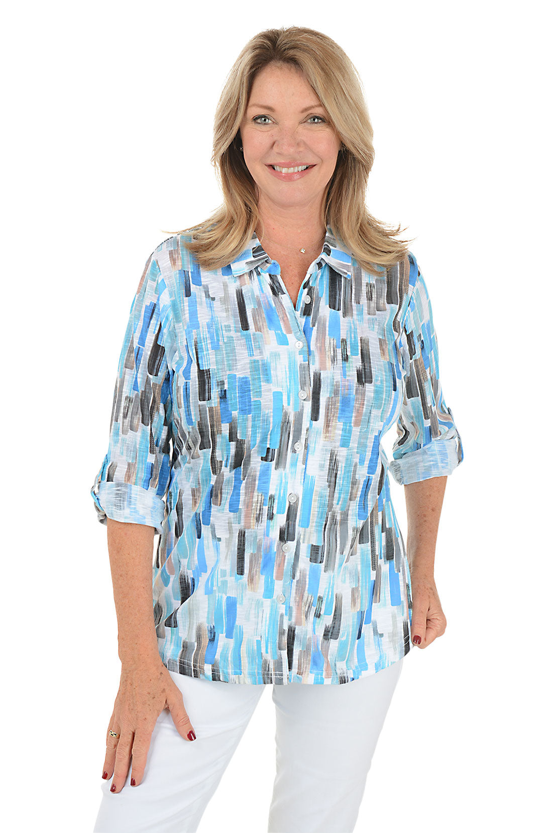 Rain Streaked Roll Tab Knit Shirt for Women - Stylish Casual Long Sleeve Top for Fall & Winter | Perfect for Office, Date Night & Weekend Outfits